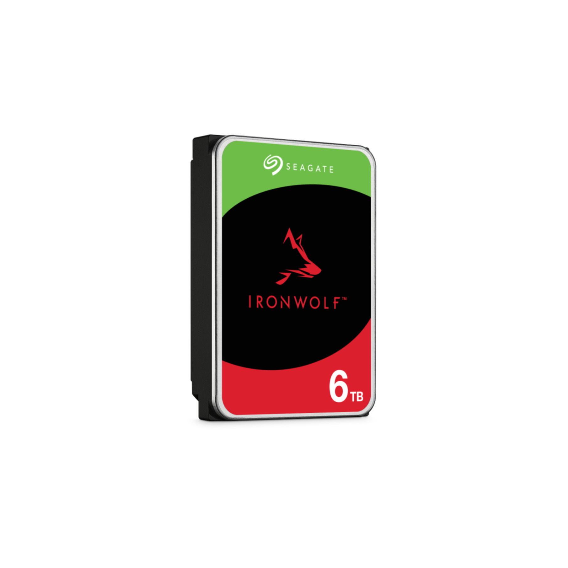 Dysk twardy Seagate IronWolf 6TB, czarny i zielony z czerwonym logo i tekstem na białym tle.