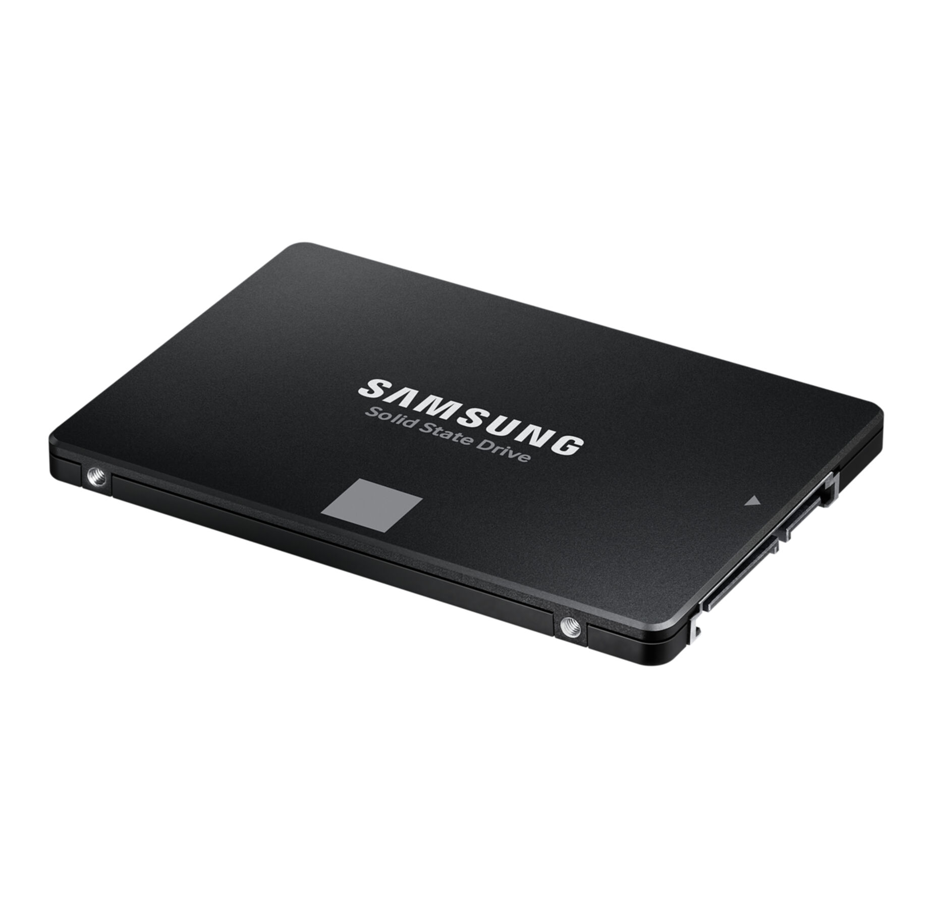 Czarny dysk SSD Samsung na białym tle, widok z boku.