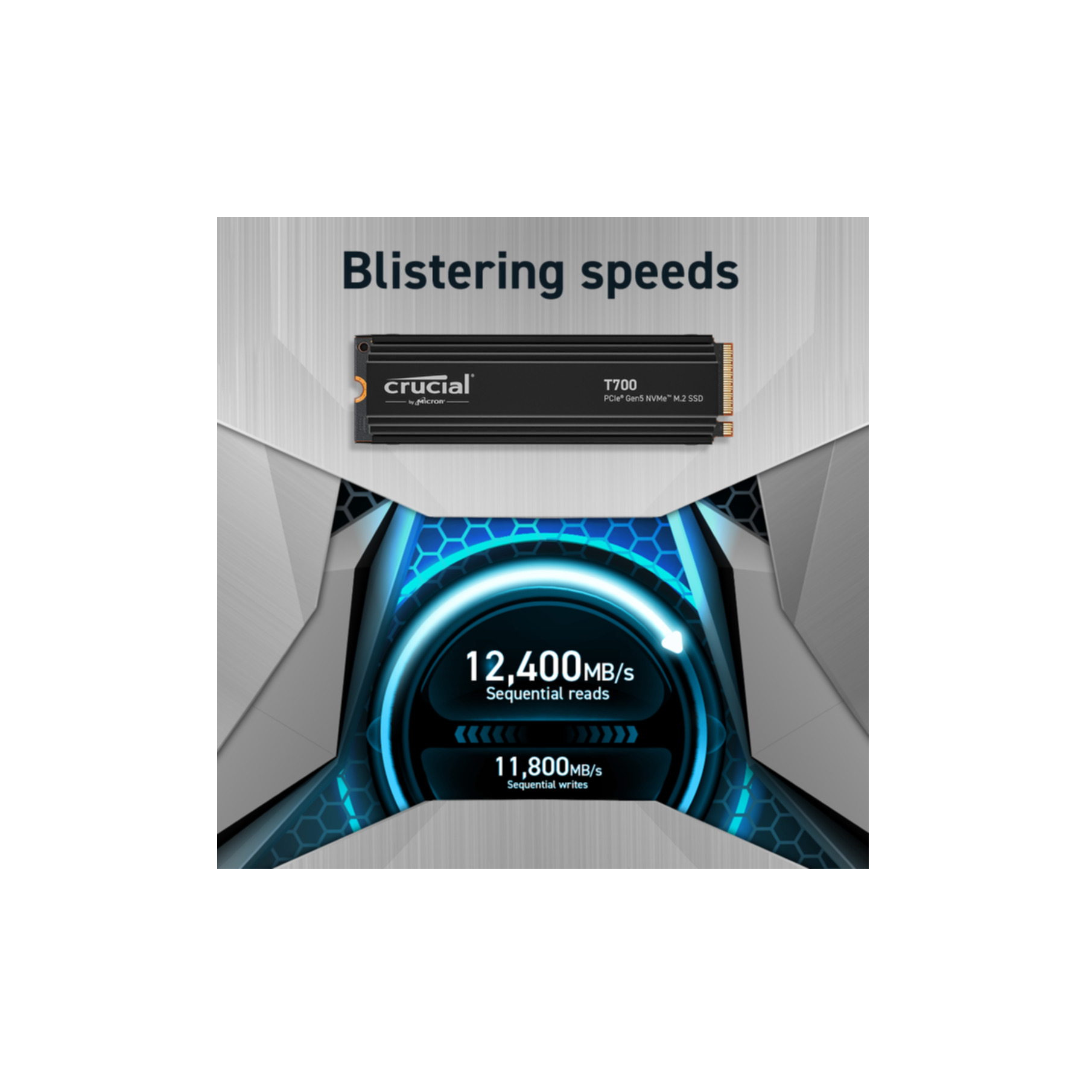 Reklama dysku Crucial T700 SSD, pokazująca prędkości odczytu/zapisu sekwencyjnego.