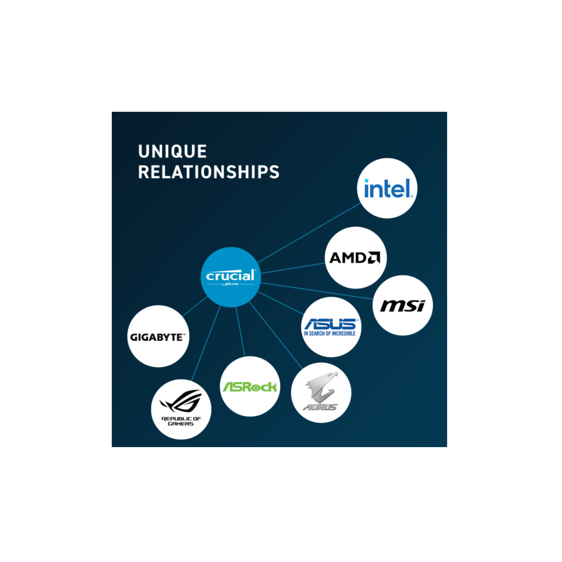 Logos von Crucial, Intel, AMD, MSI, ASUS, Gigabyte, ASRock und Aorus auf dunkelblauem Hintergrund mit Text "UNIQUE RELATIONSHIPS".
