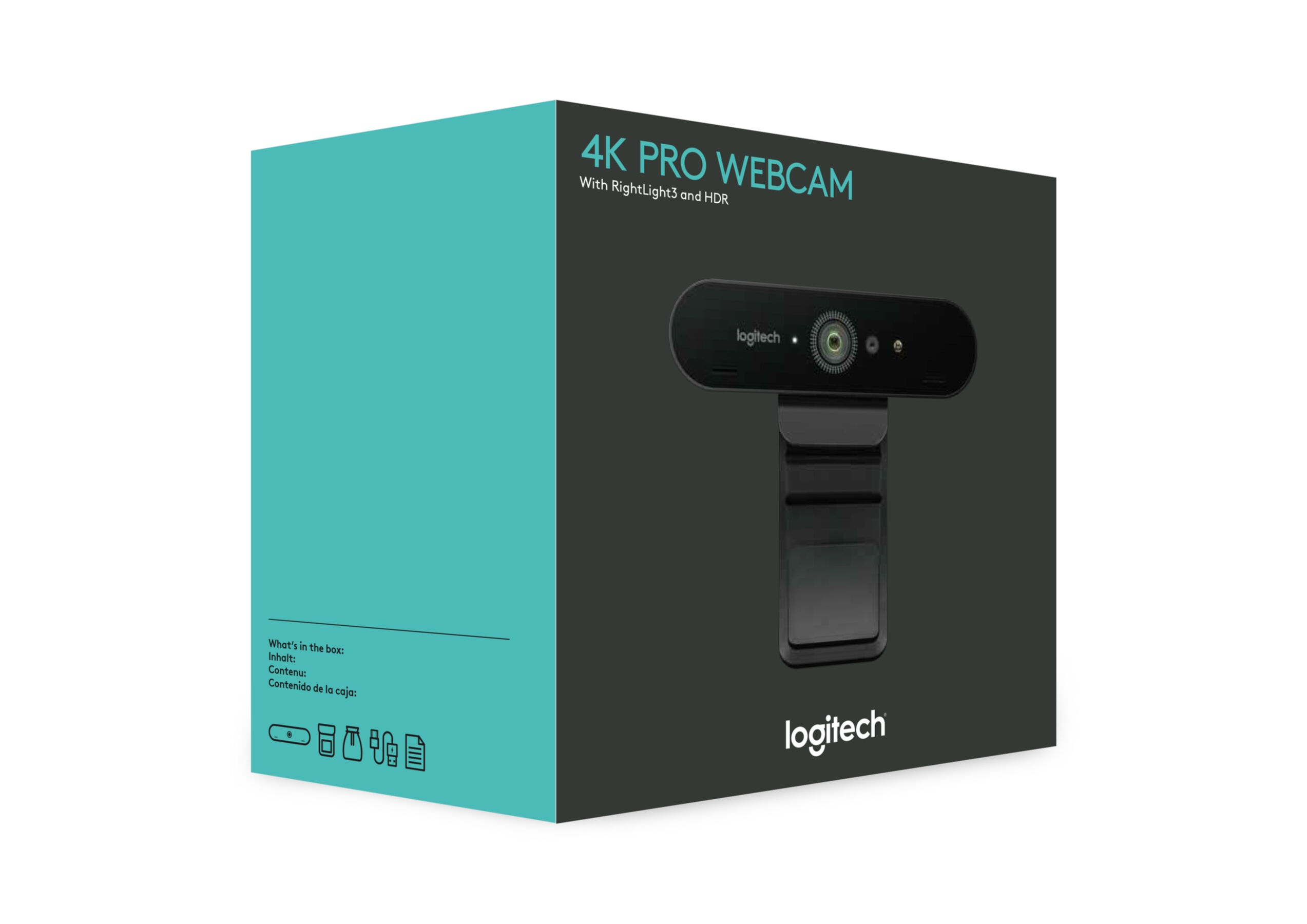 Czarne pudełko kamery internetowej z nazwą produktu 4K Pro Webcam i logo Logitech.