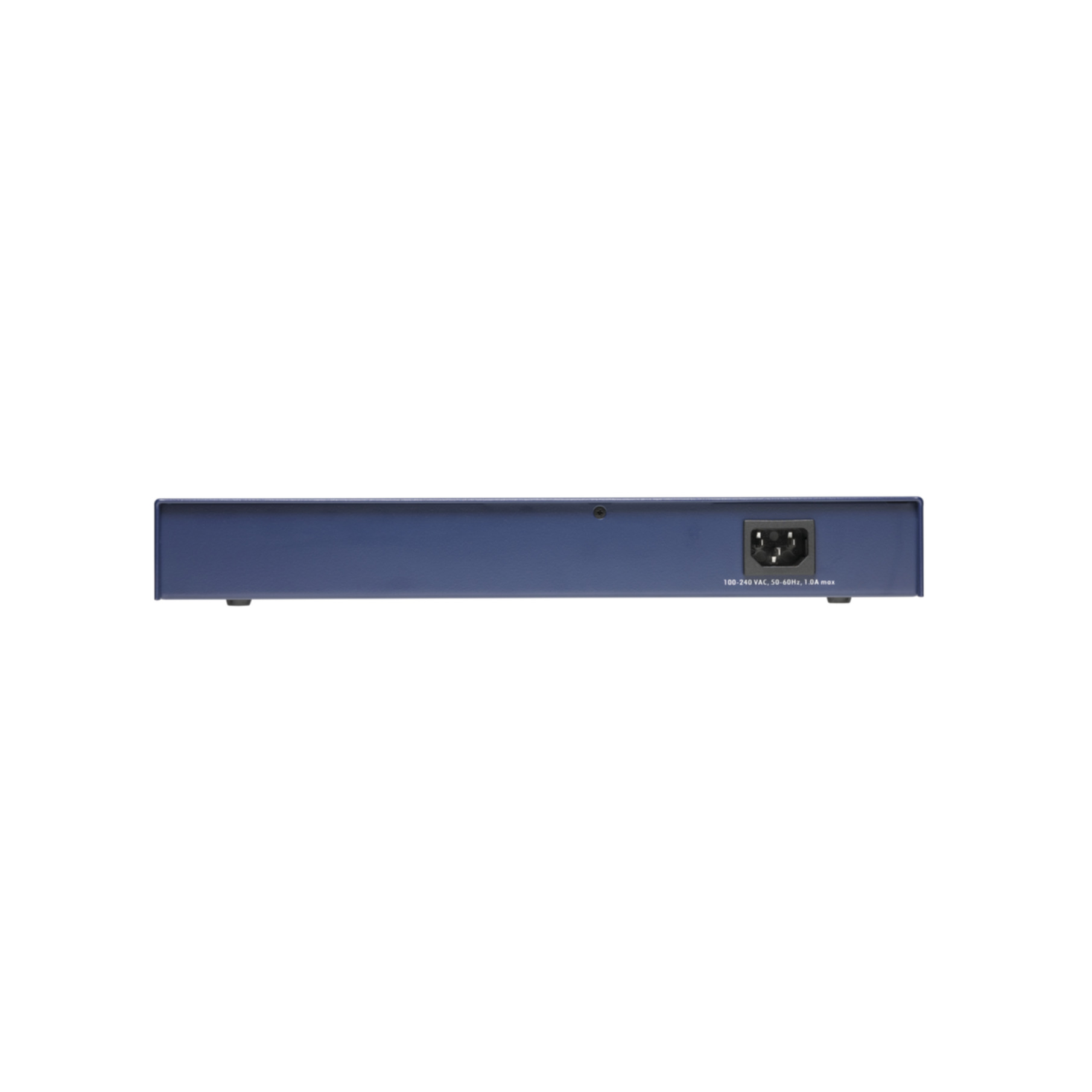 Uno switch di rete blu. La porta di alimentazione è visibile sul retro del dispositivo.