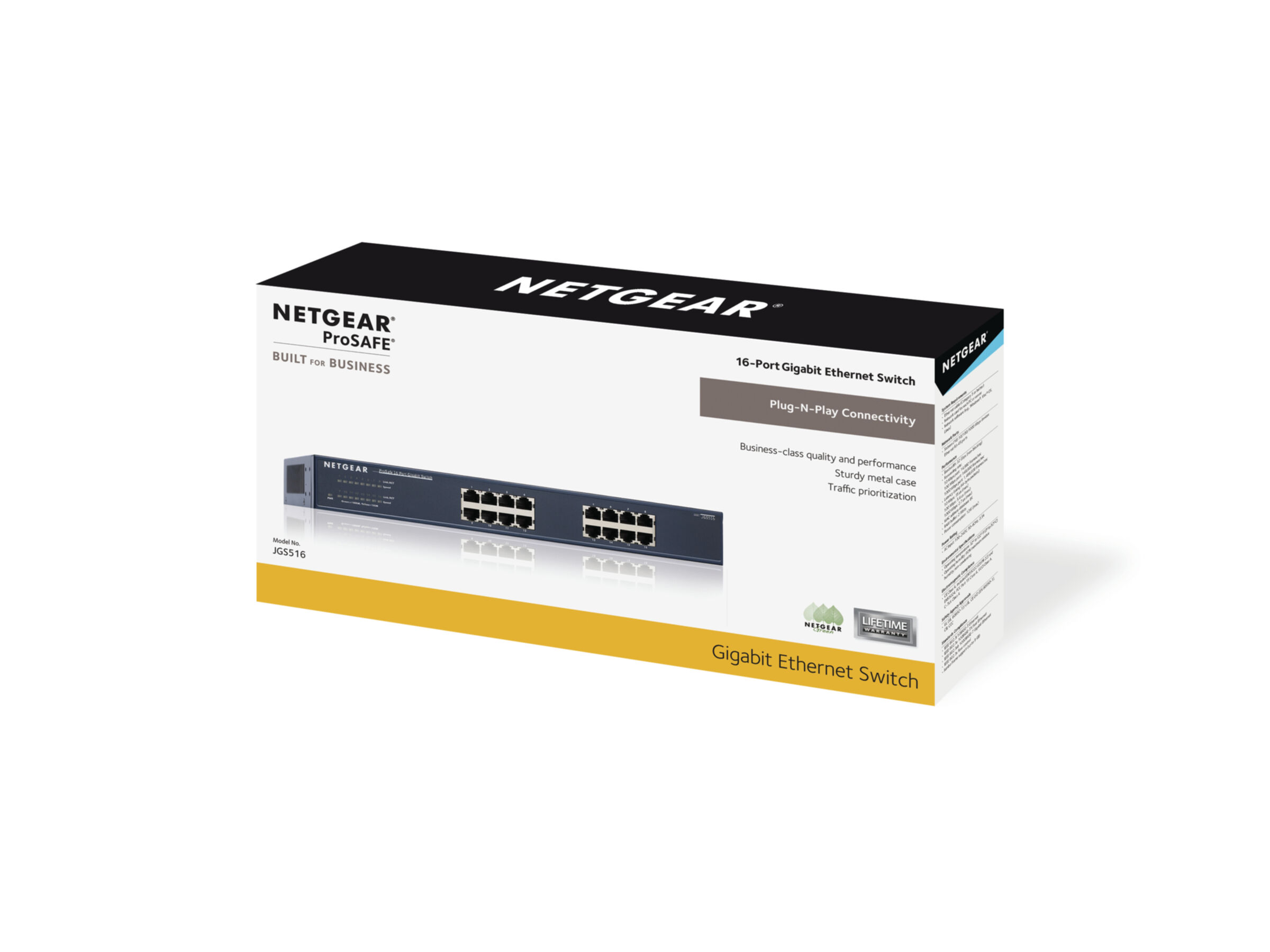 Scatola dello switch Ethernet Gigabit a 16 porte Netgear ProSafe, sfondo bianco.