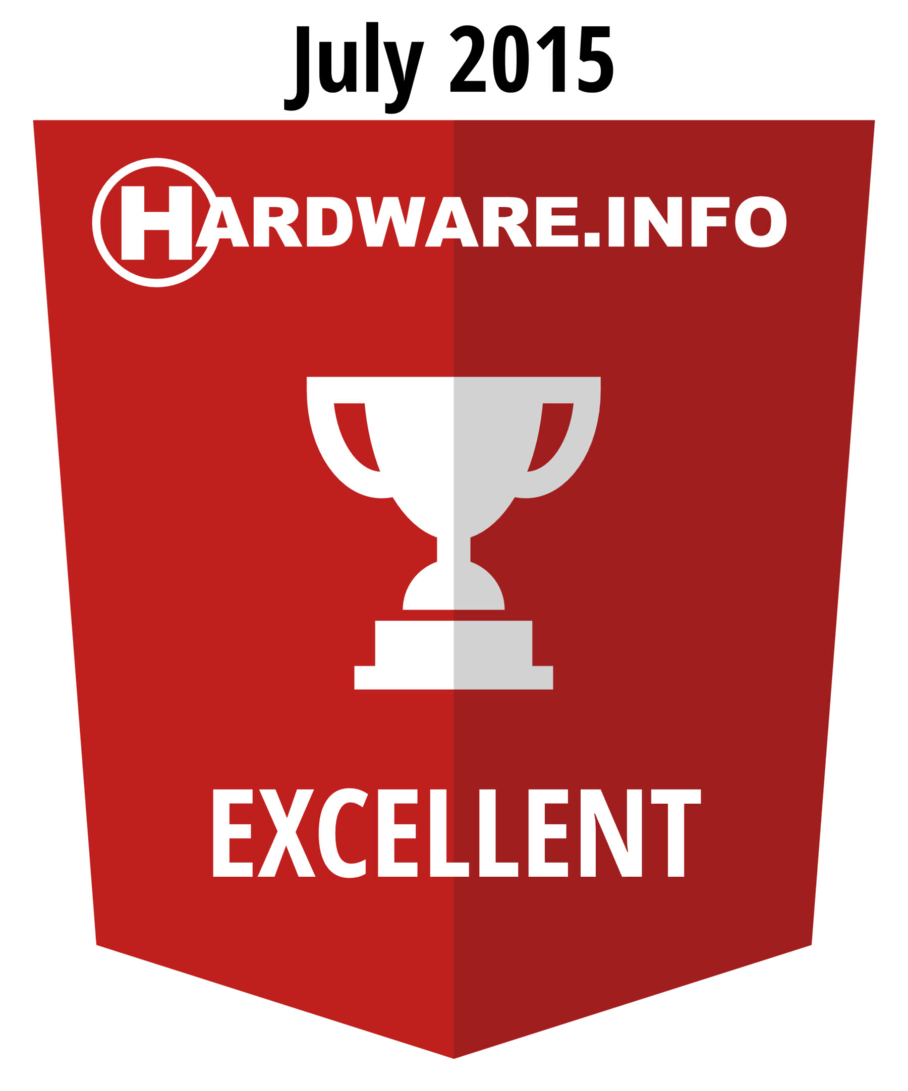 Certificato di premiazione rosso con trofeo bianco e testo 'Excellent'. Logo Hardware.info.