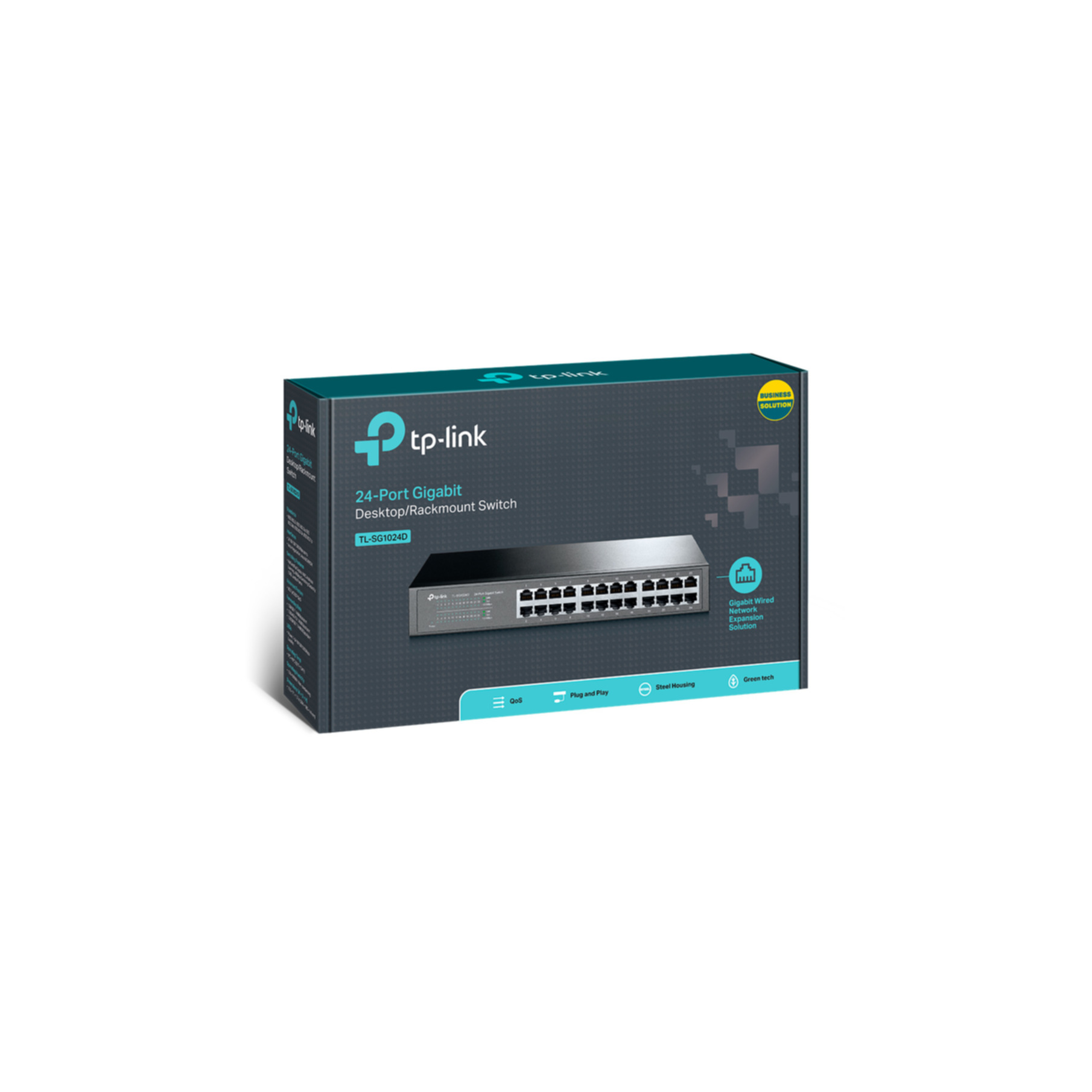 Een zwarte en grijze doos met een tp-link logo, een netwerkswitch en de woorden '24-Port Gigabit'.