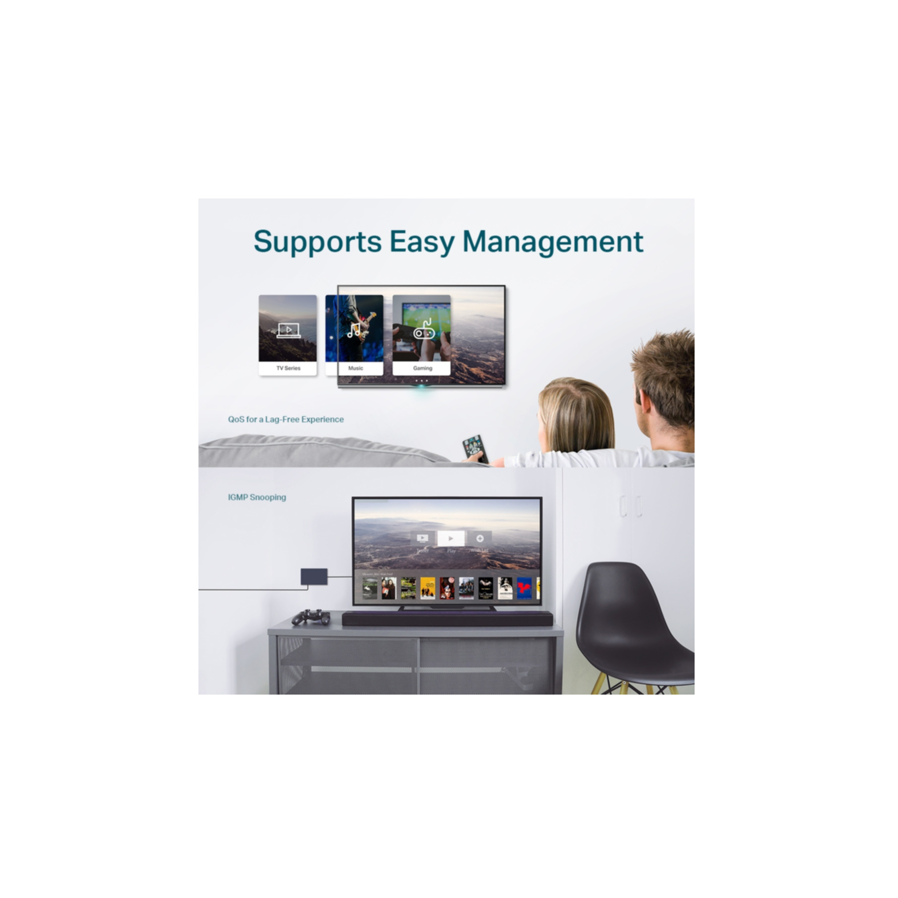 Scena z TV, parą i tekstem o łatwym zarządzaniu.