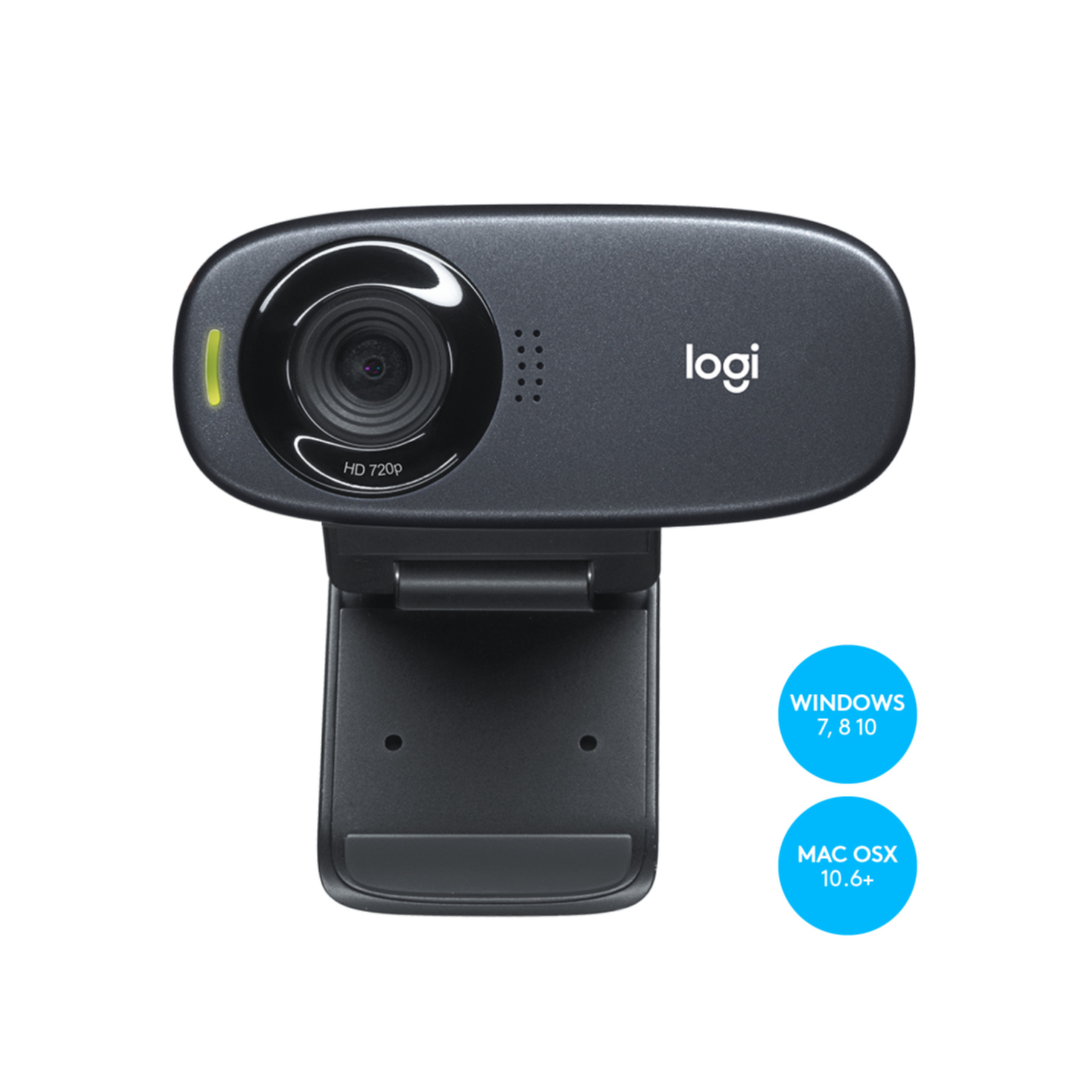 Czarna kamera internetowa Logitech z HD 720p. Loga kompatybilności Windows i Mac OS X.