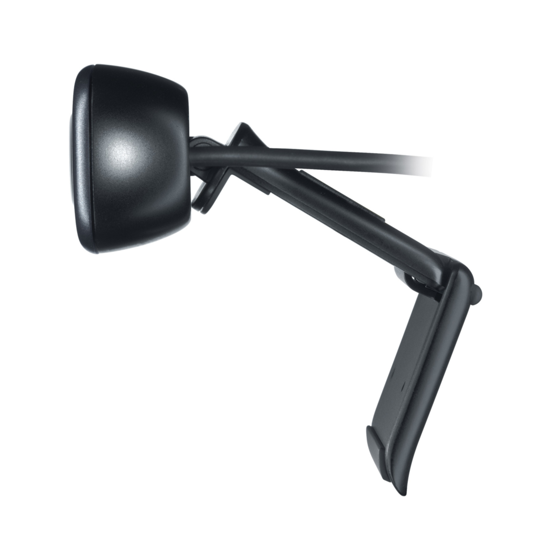 Czarna kamera internetowa z regulowanym klipsem, stojąca na białym tle.