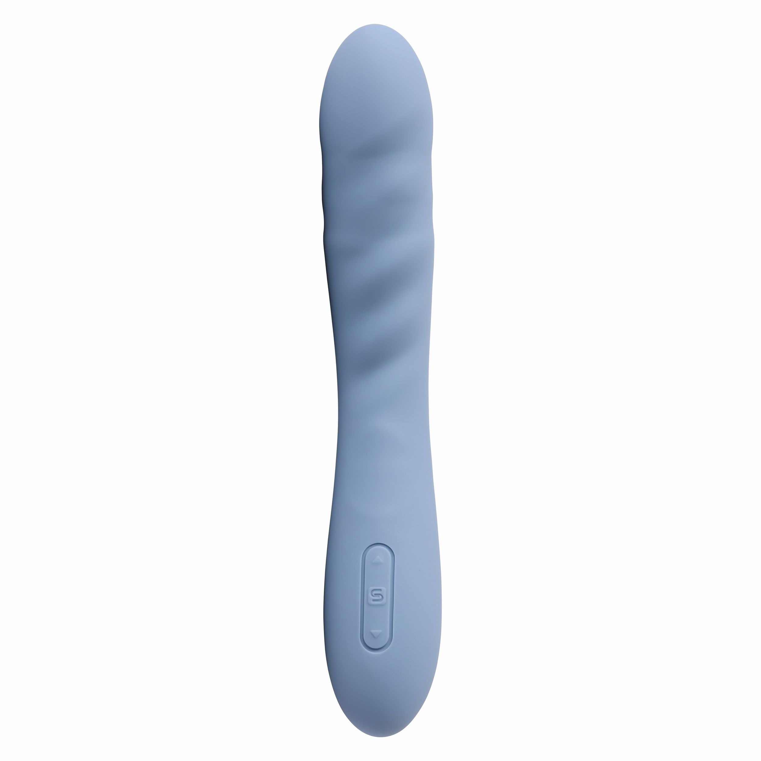 Blauer Vibrator mit Spiraldesign auf weißem Hintergrund.