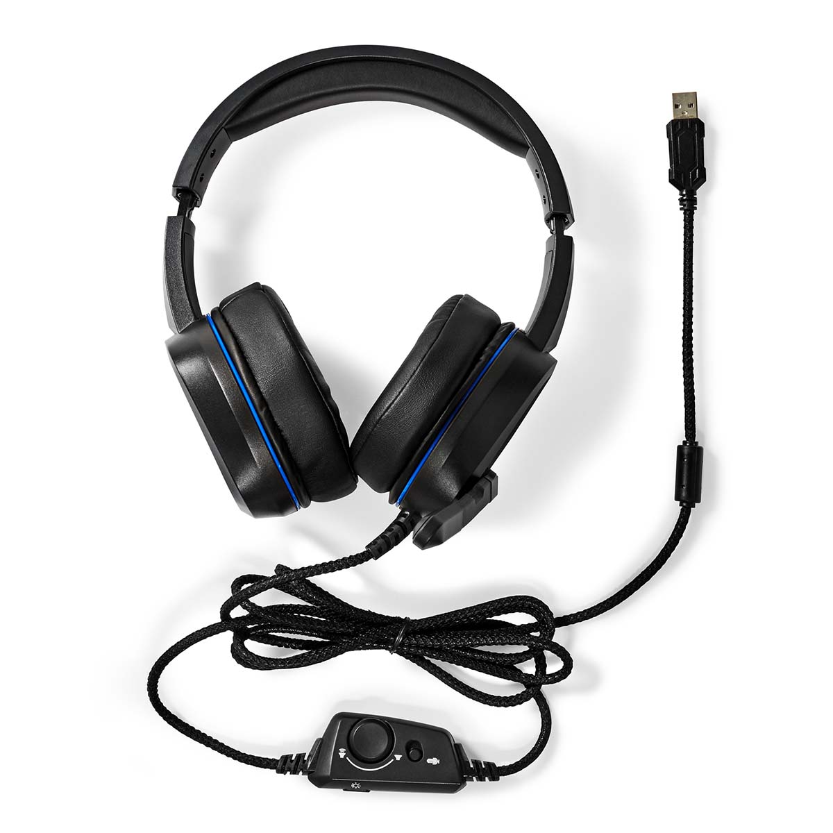 Cuffie nere con microfono e controllo del volume collegati a un cavo USB, su una superficie bianca.