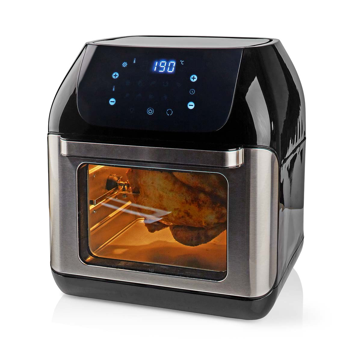 Zwarte airfryer met een helder venster. Het display toont 190. Er zit een kip in.