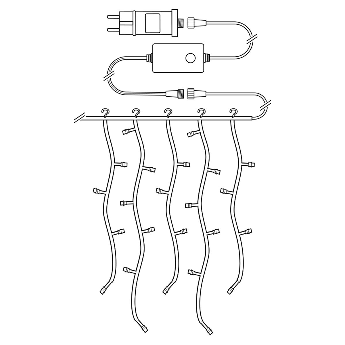Czarno-biała grafika liniowa światełek choinkowych. Zawiera źródło zasilania i światła.