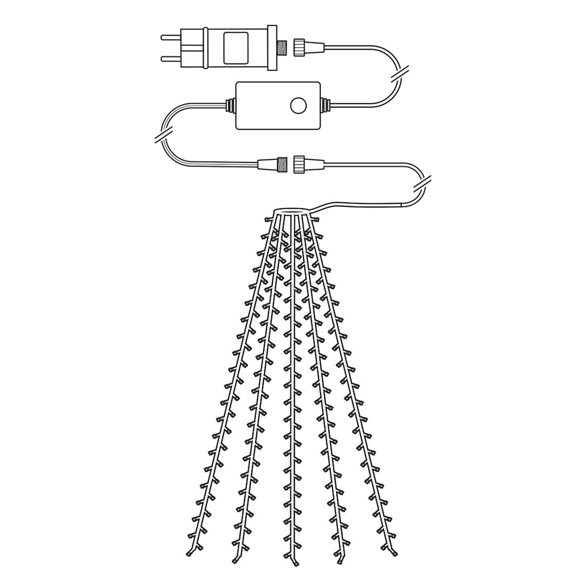 Disegno a linea di luci natalizie, con spina, controller e fili.