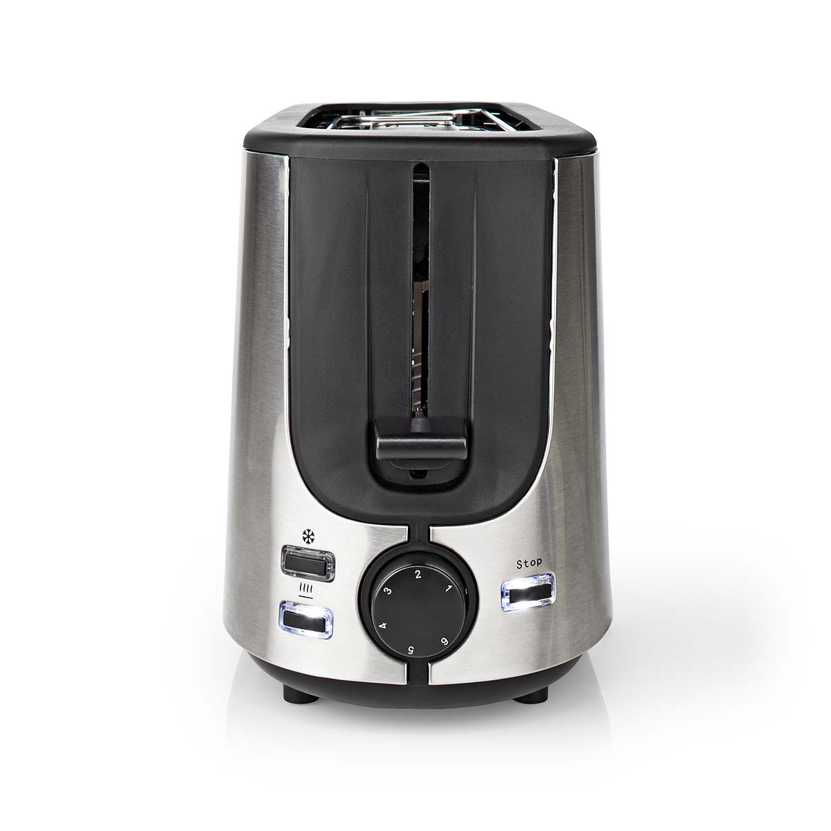 Silber-schwarzer Toaster mit Drehknopf 1-5 und Stopptaste sowie zwei Schlitzen.