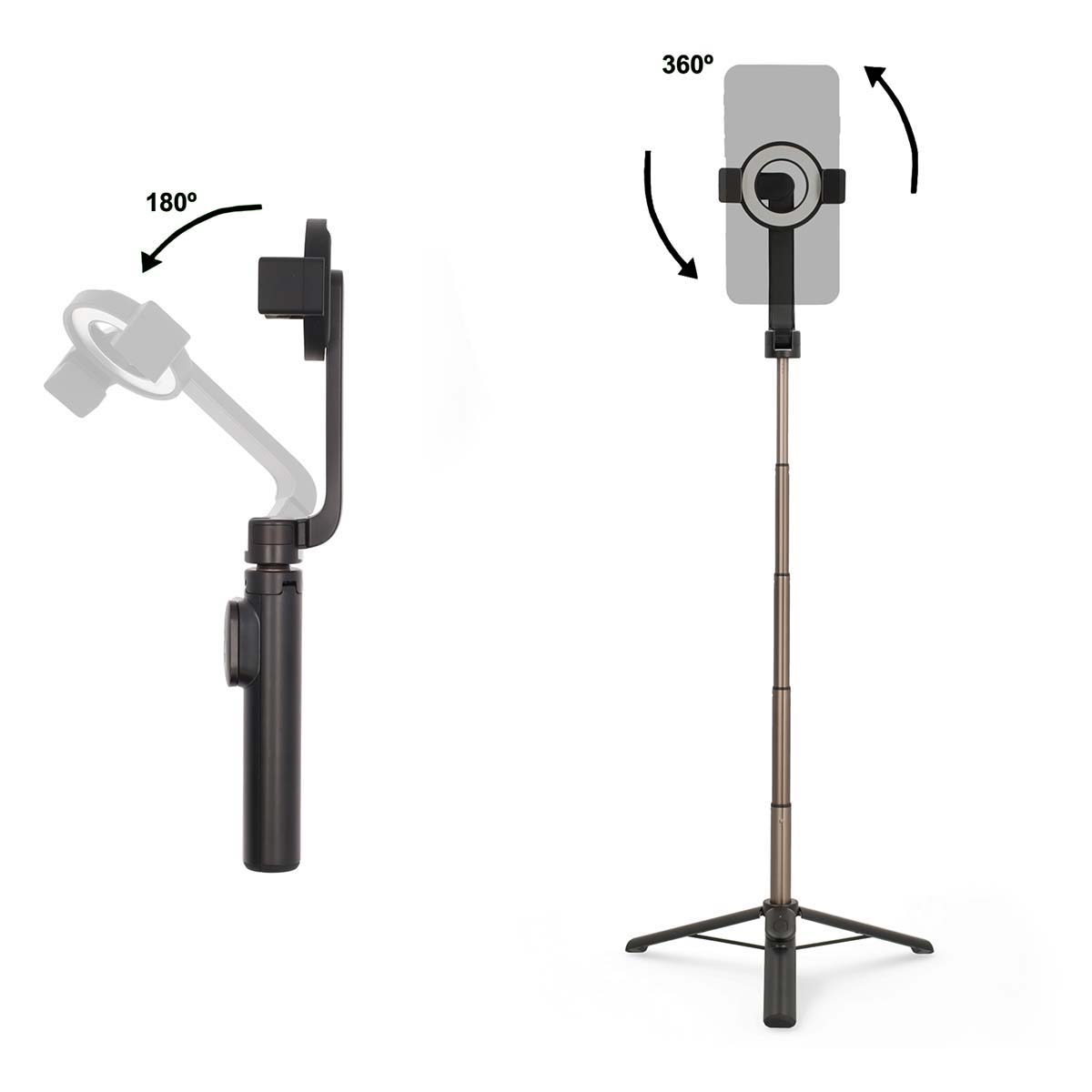 Ein Telefon an einem Selfie-Stick mit Stativ, mit Pfeilen, die die Drehung anzeigen.