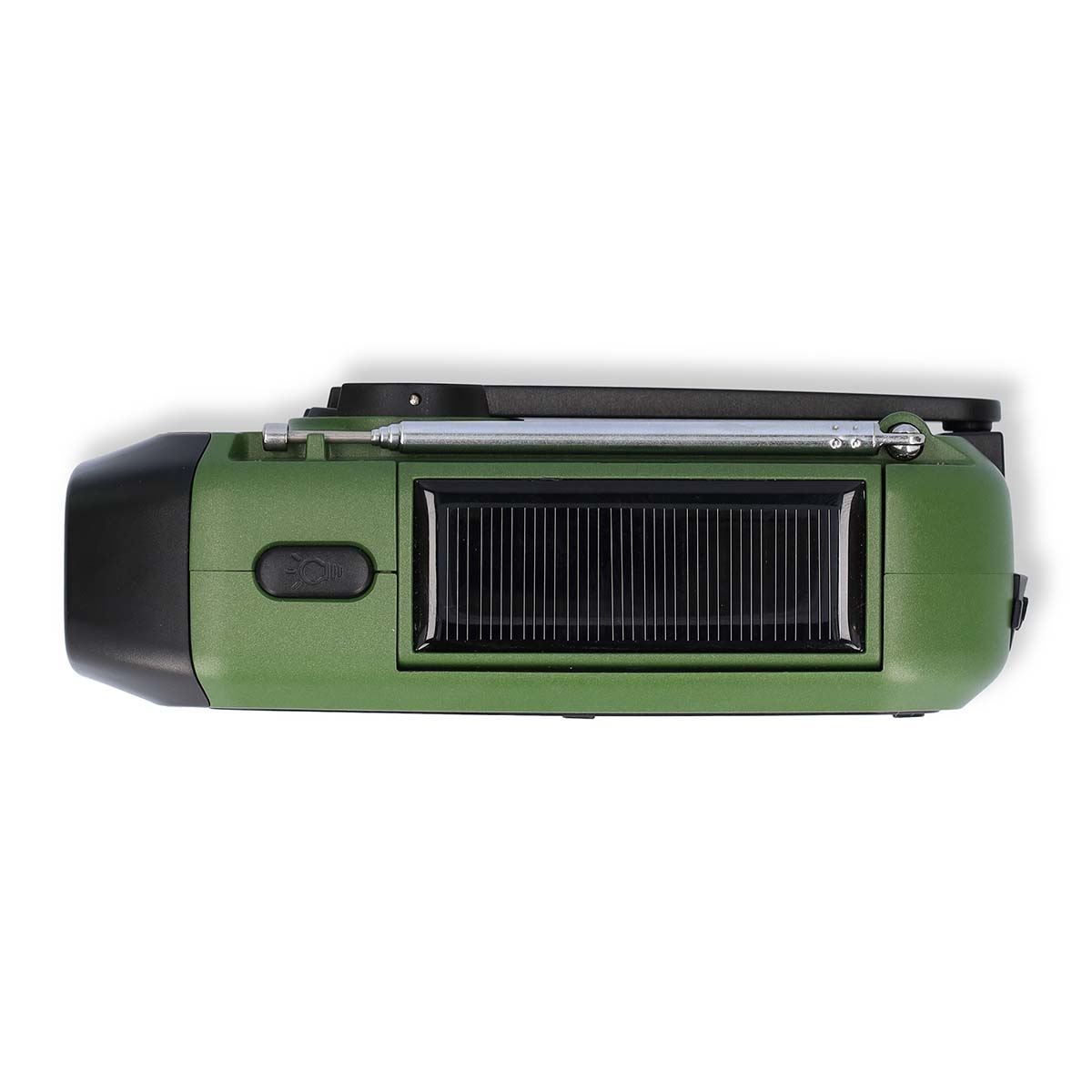 Green solar-powered radio with a black top and antenna.