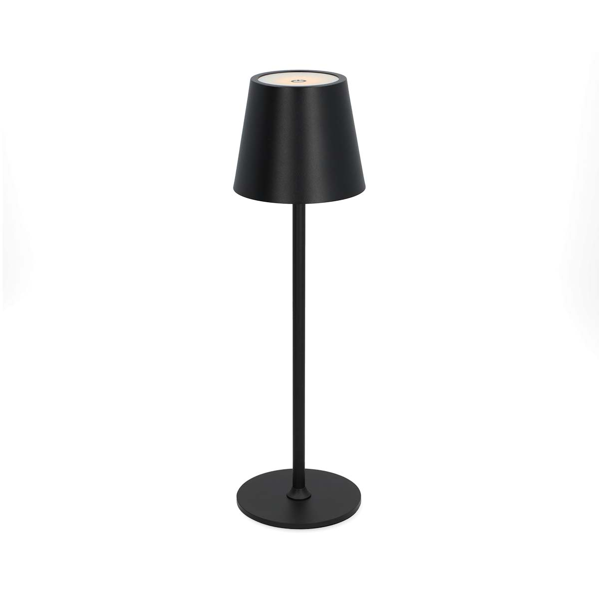 Lampe noire moderne avec base ronde, longue tige et abat-jour conique. Isolé sur blanc.
