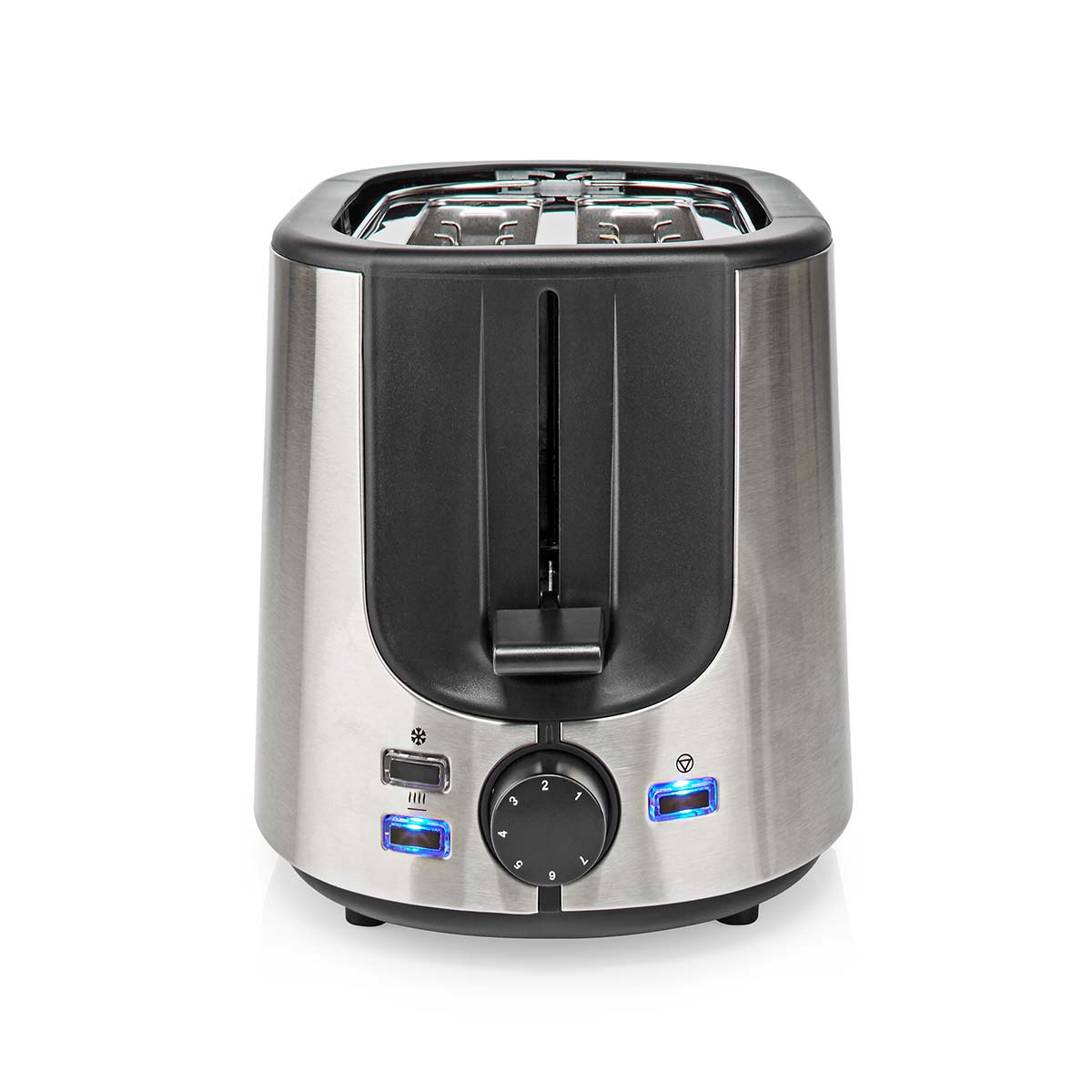 Silber-schwarzer Toaster. Mit Einstellrad und Kontrollleuchten, isoliert auf Weiß.