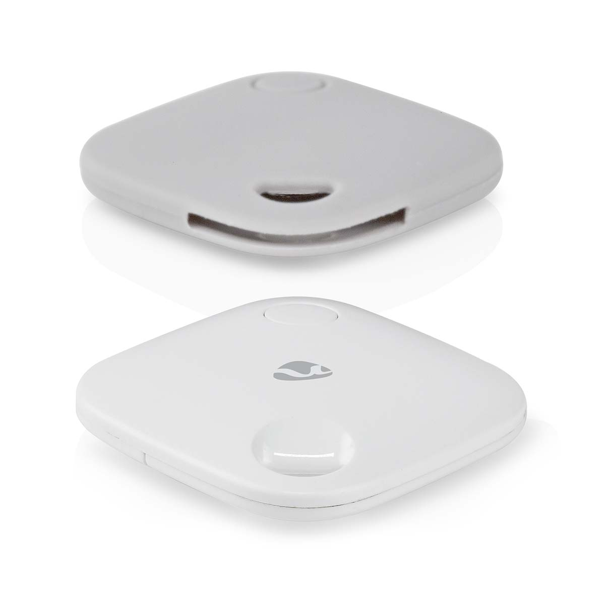 Two small, white, square devices. One is upside down, showing a logo, the other shows the top.