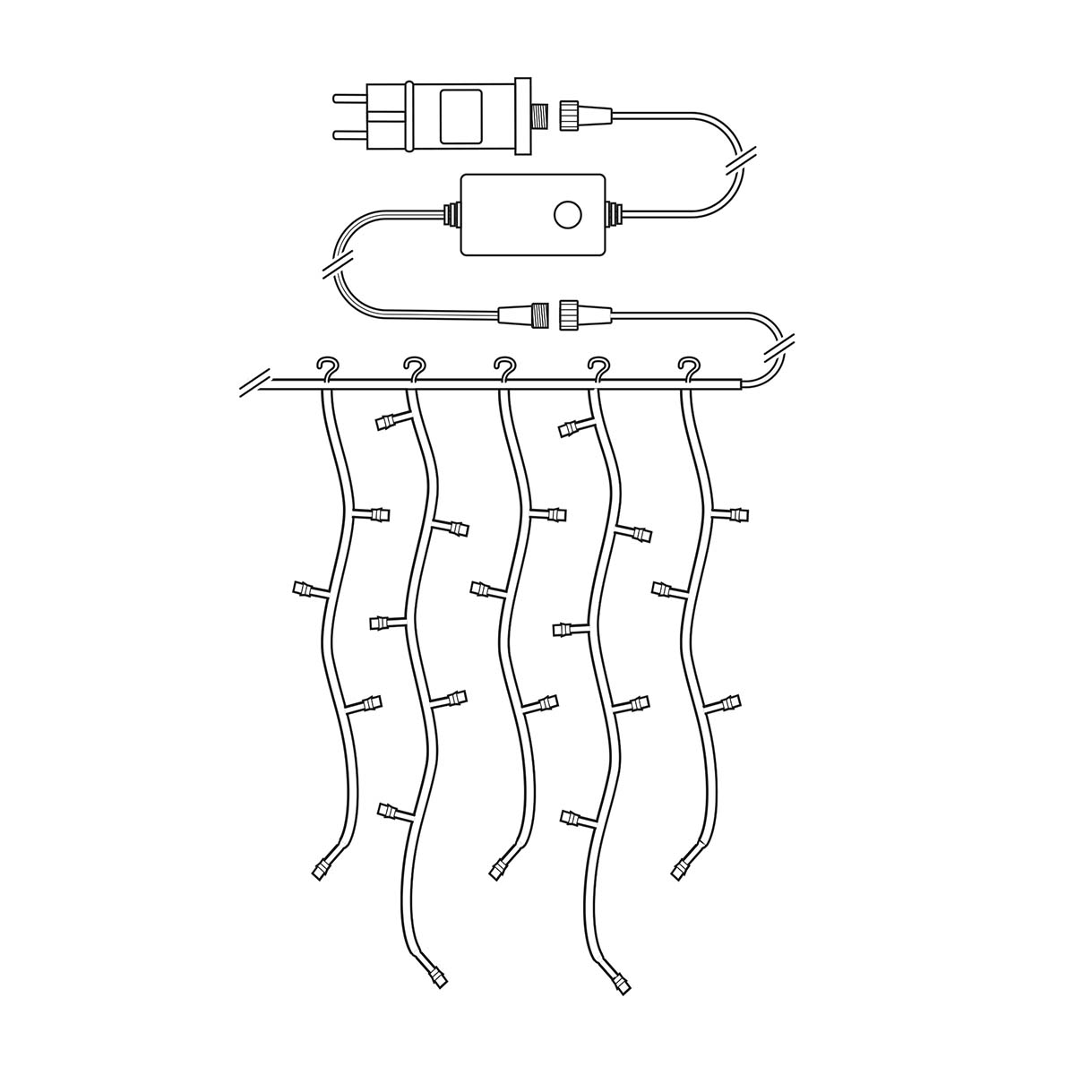 Szereg świateł z wtyczkami i złączami, z białym tłem i ciemnym rysunkiem liniowym.