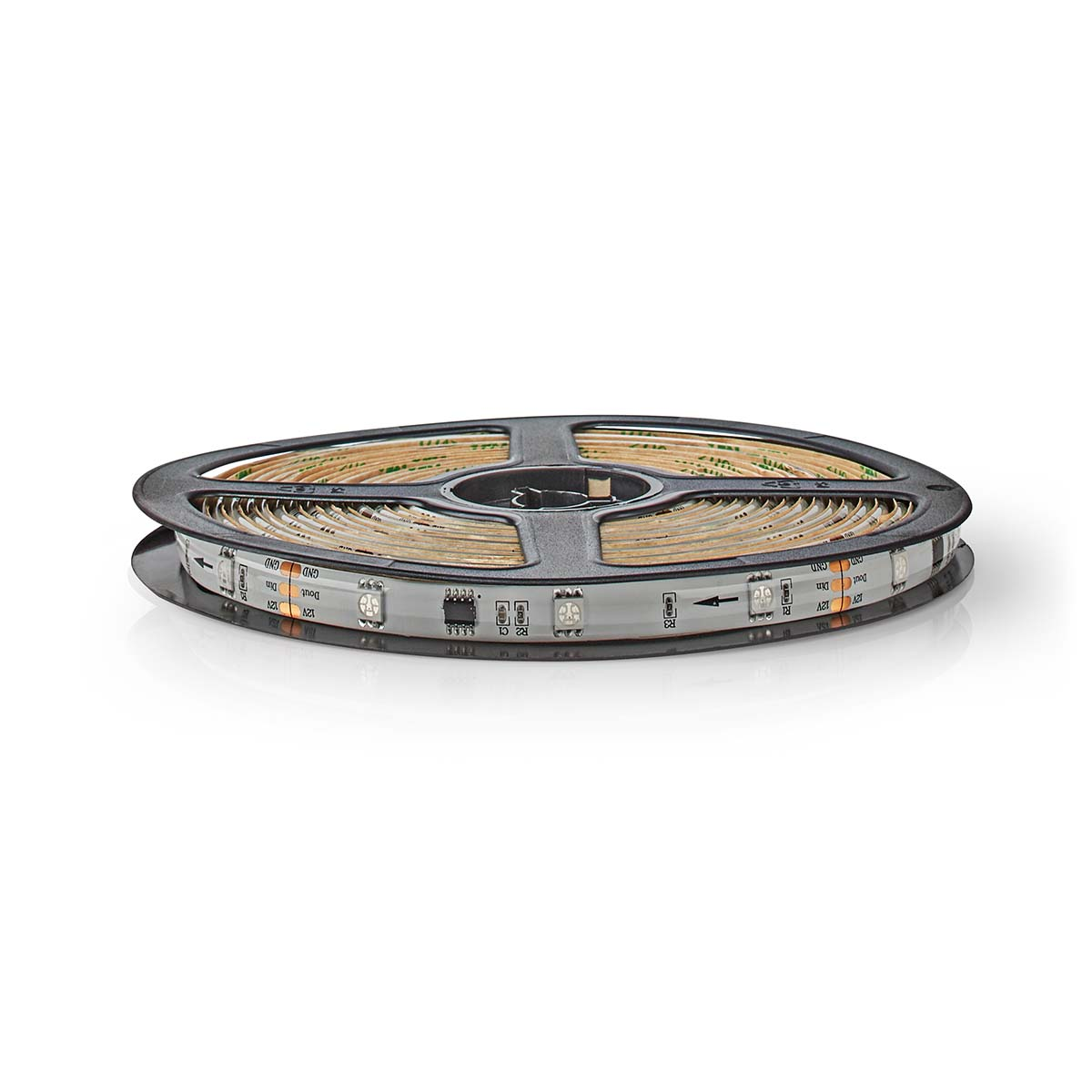 LED-Streifen auf einer Rolle. Die Rolle ist schwarz mit einer transparenten Abdeckung.