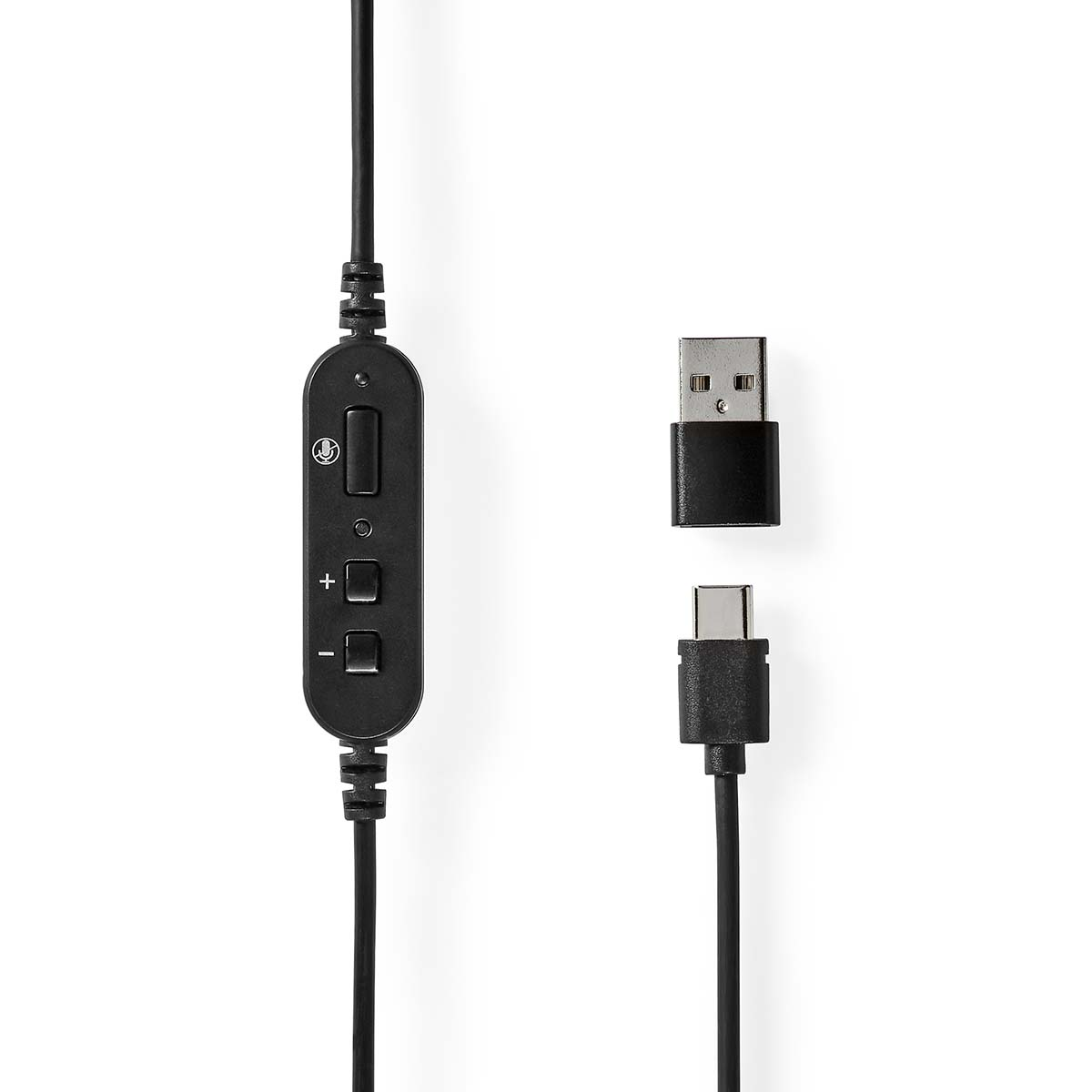 Czarny kabel z kontrolą mikrofonu oraz złączami USB i Type-C na białym tle.