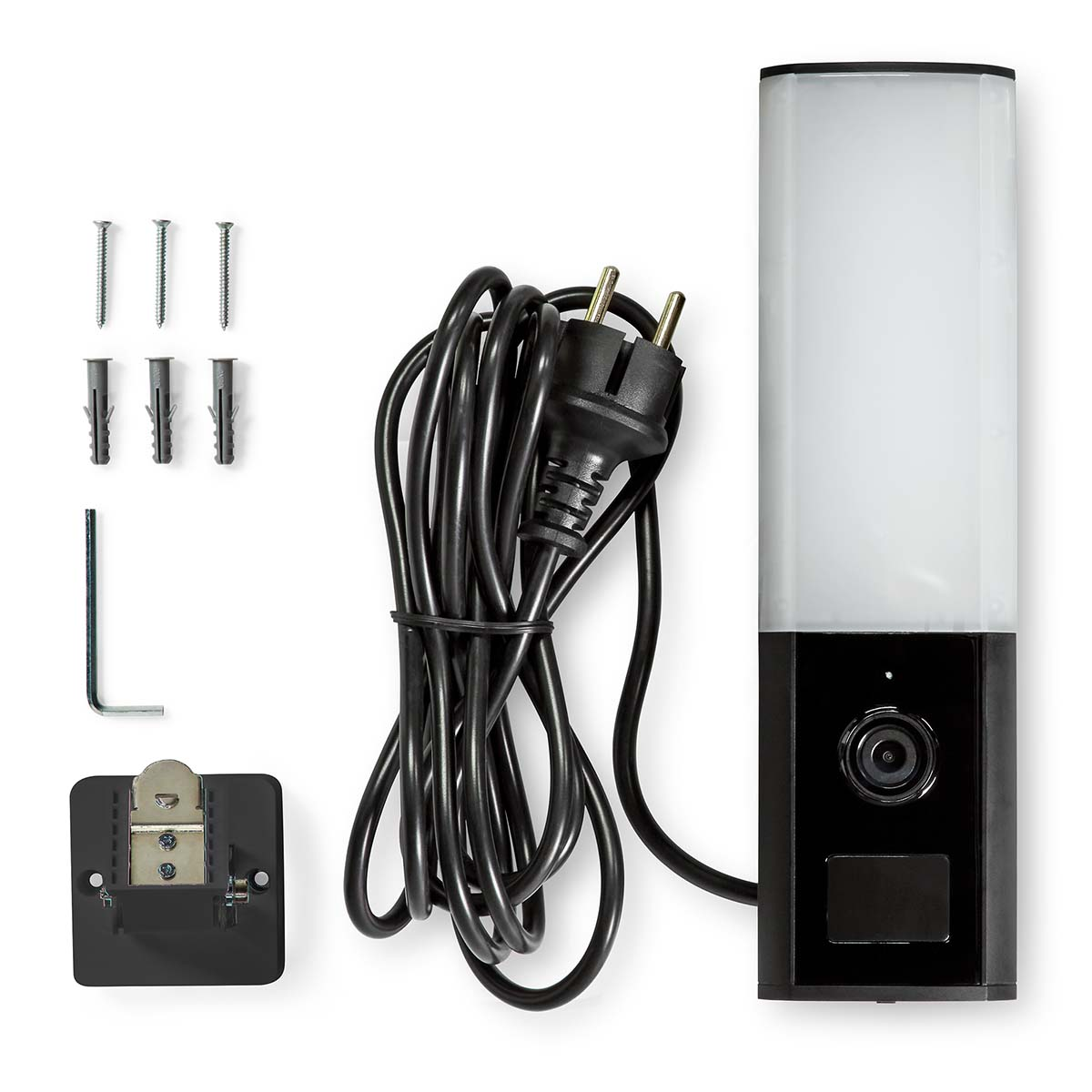 Czarne oświetlenie zewnętrzne z akcesoriami: śrubami, kotwami i kluczem imbusowym. Białe tło.