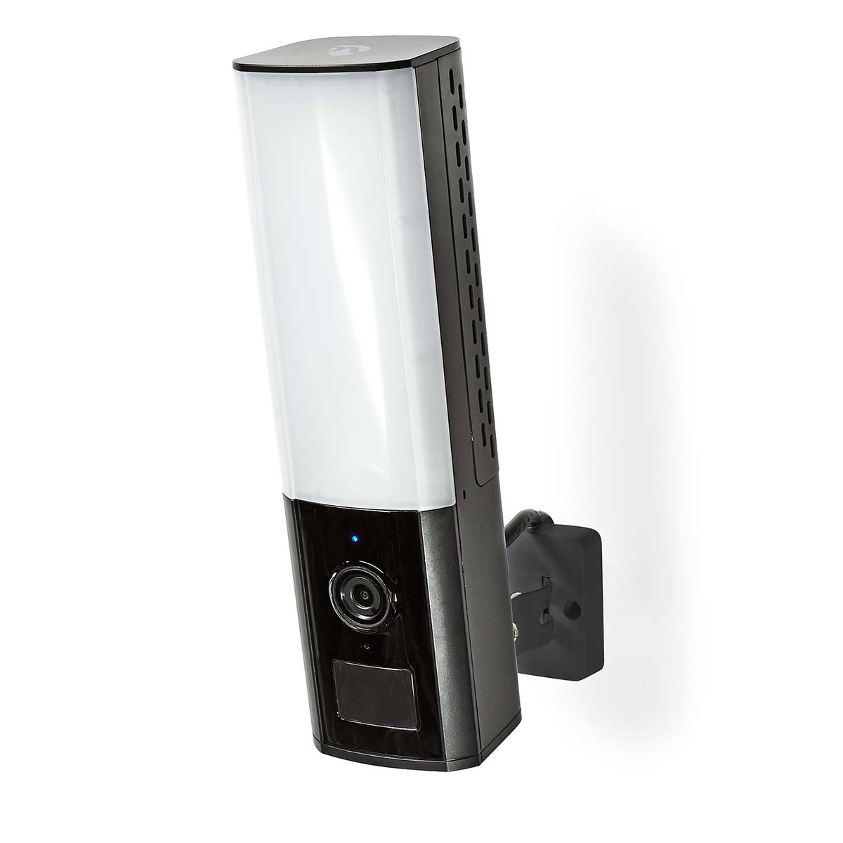 Czarna, prostokątna kamera bezpieczeństwa z białym panelem świetlnym zamontowana na białej ścianie.