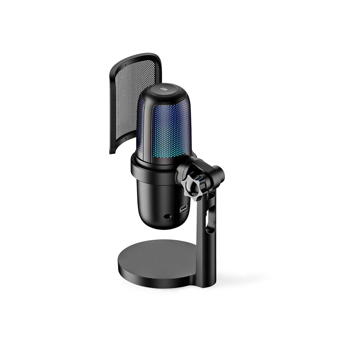 Czarny mikrofon na statywie z filtrem pop i oświetleniem RGB.