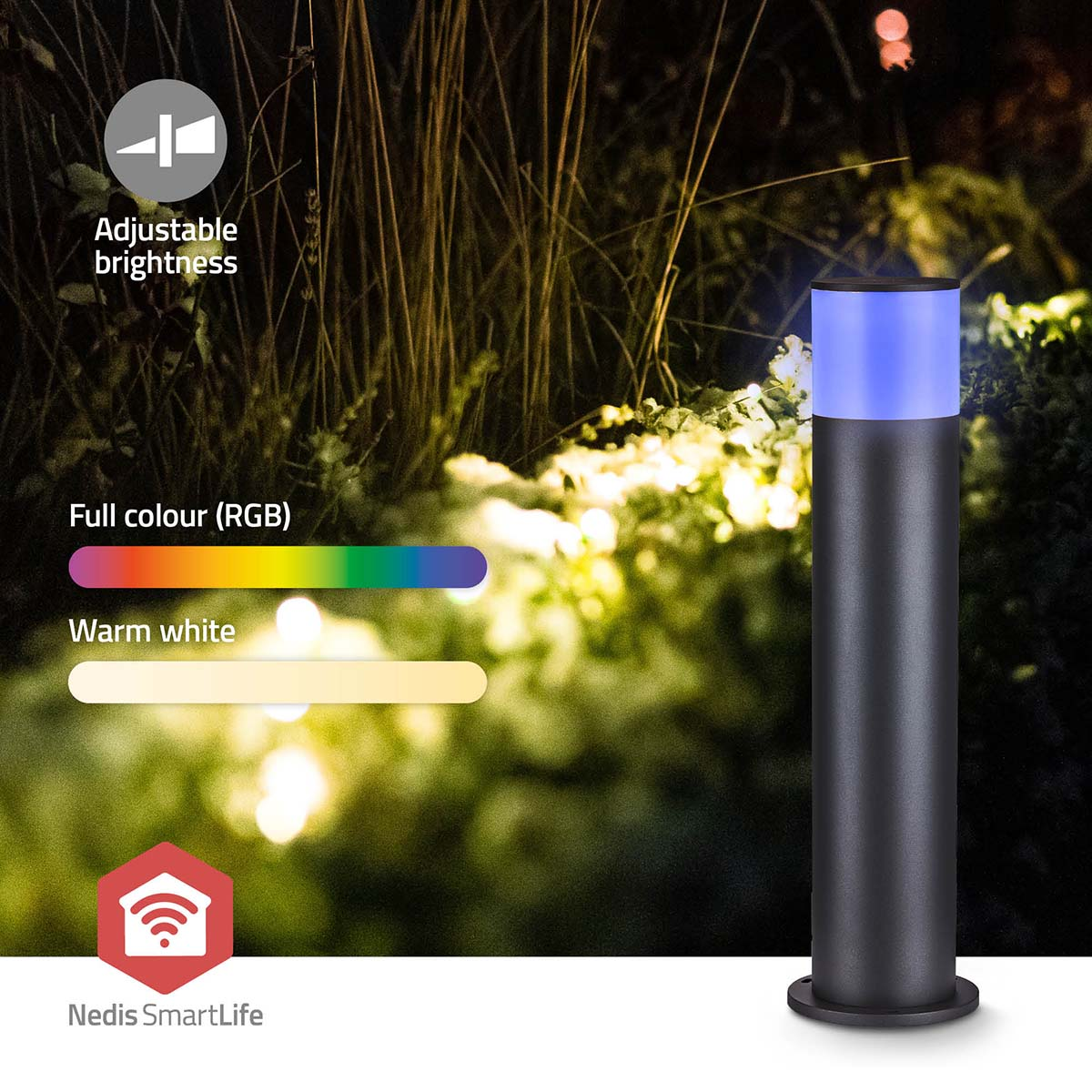 Eine Außenlampe mit Farboptionen: Vollfarbe, warmweiß und einstellbare Helligkeit.