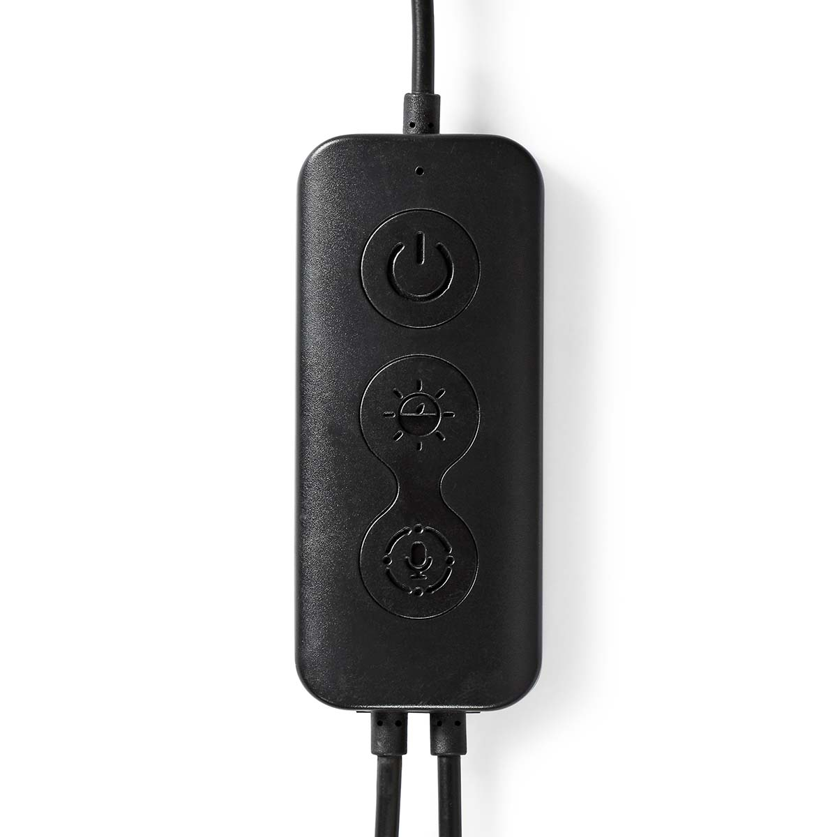 Contrôleur de bande lumineuse LED noire avec boutons d'alimentation, de luminosité et de mode. Deux câbles attachés.