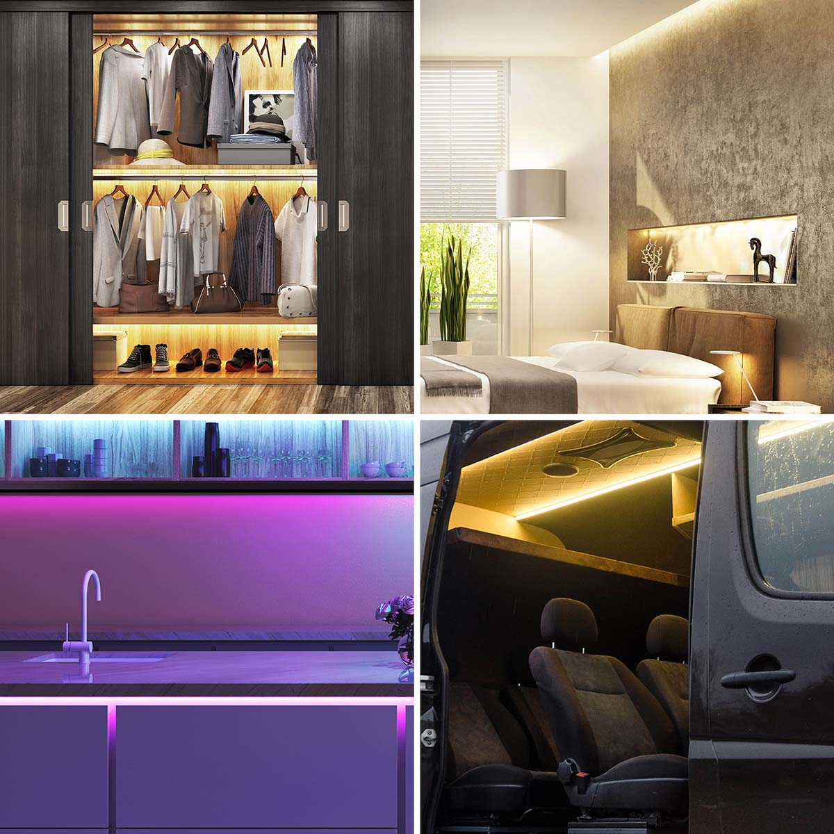Collage: Kledingkast met lichten, slaapkamer met lichten, keuken met lichten en een businterieur met lichten.