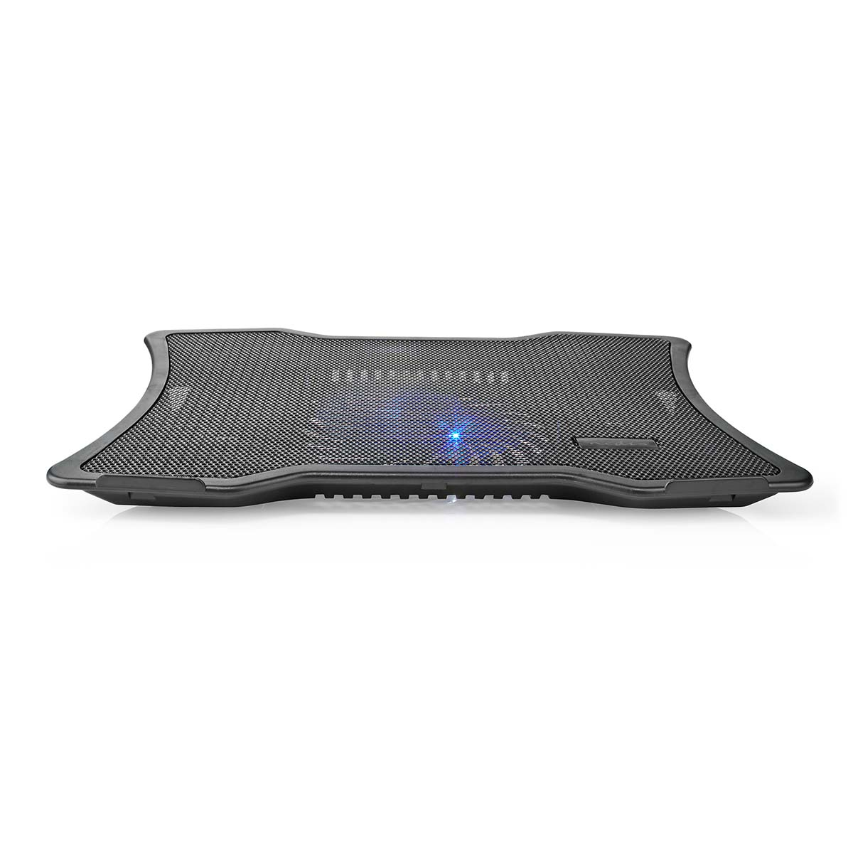 Laptop-Kühlpad, schwarz, mit blauem Licht.