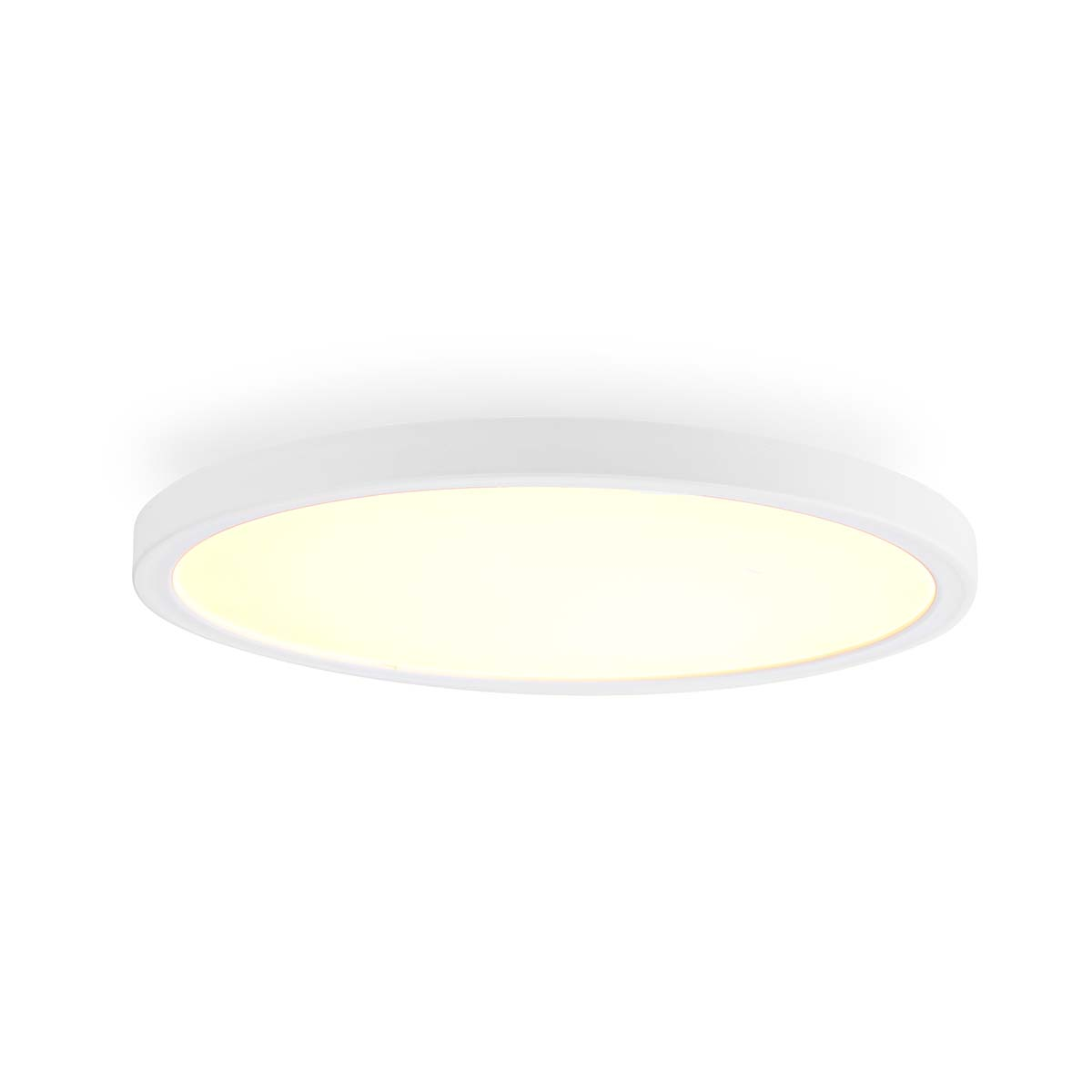 Un plafonnier blanc et circulaire est présenté sur un fond blanc. La lumière émet une lueur chaude et jaune.