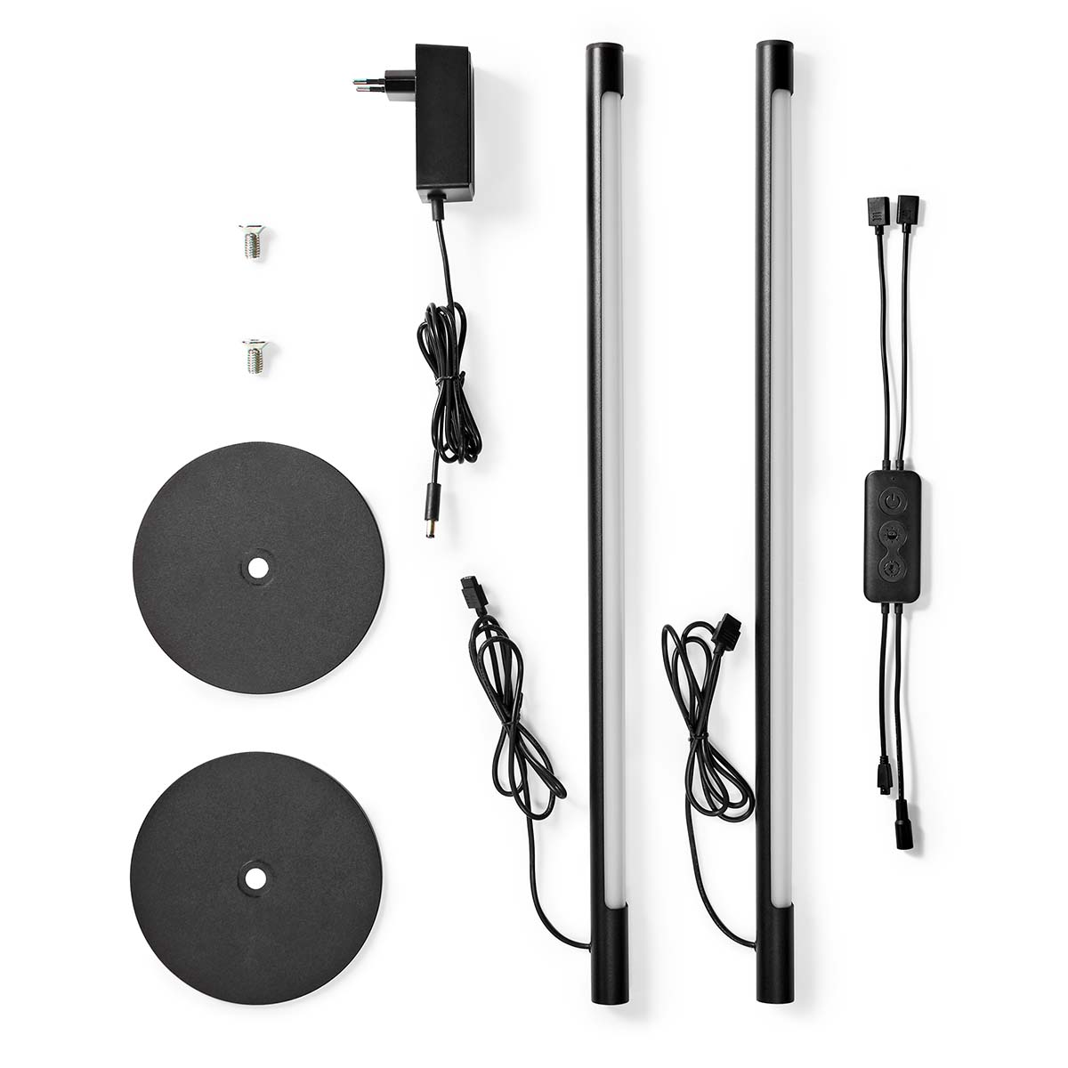 Zwei schwarze, zylindrische LED-Lichtleisten mit Ständern, Netzteil und einem Controller.