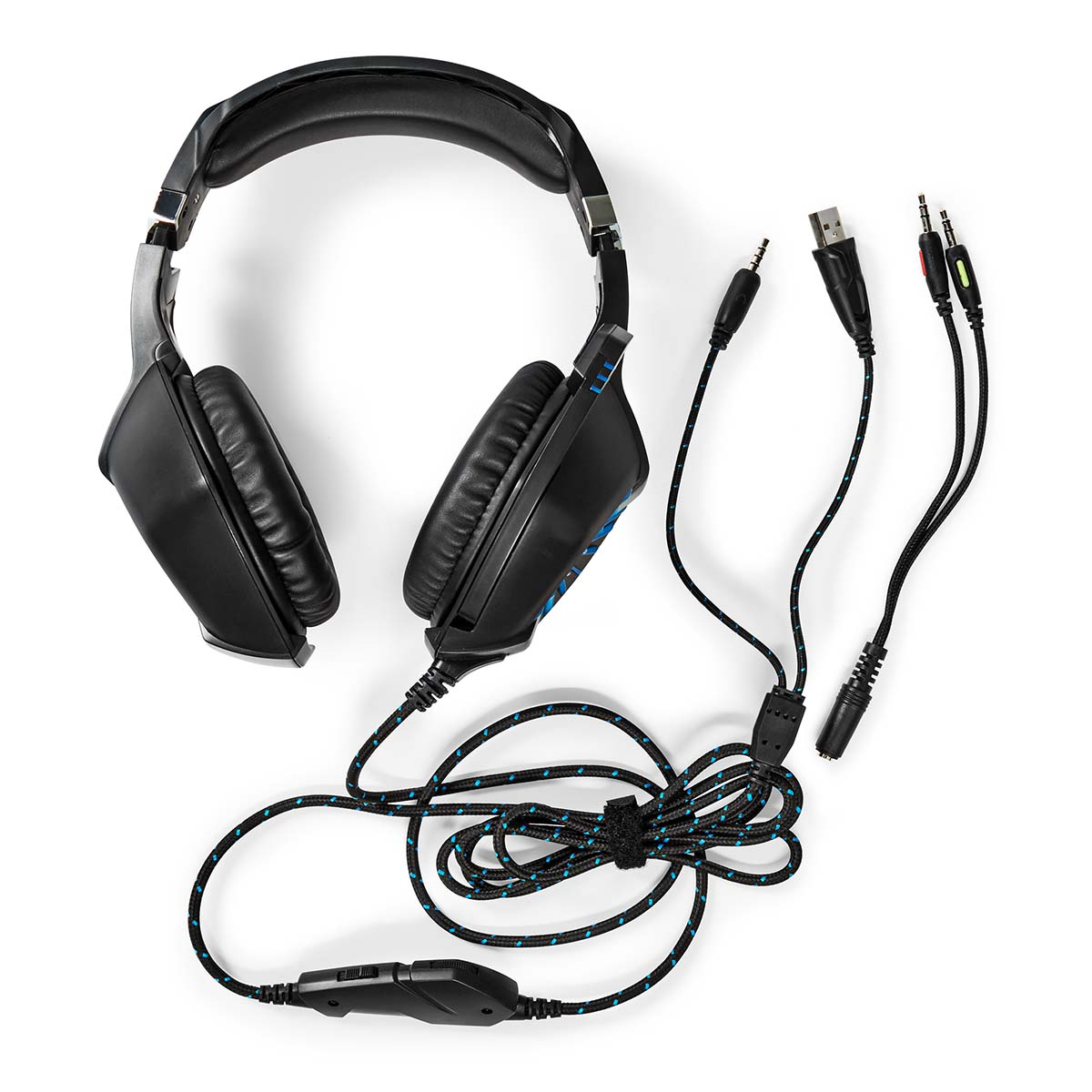 Cuffie da gioco nere e blu con cavi e controllo del volume.