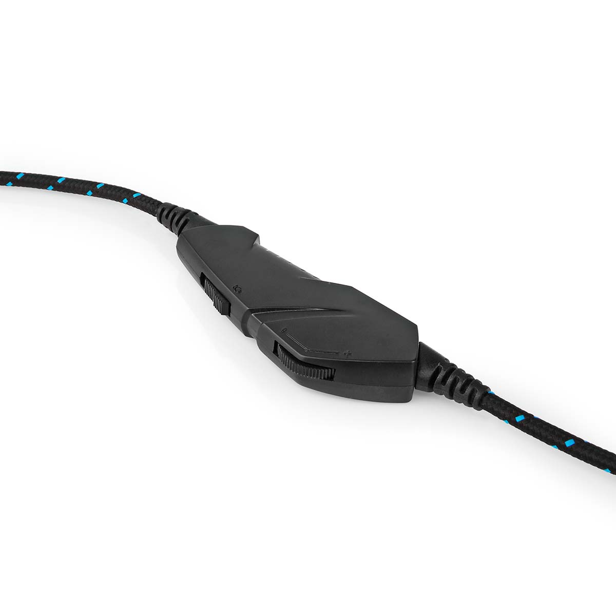 Cavo nero con un modulo di controllo. Il modulo ha pulsanti e un cursore. Il cavo è nero e blu.
