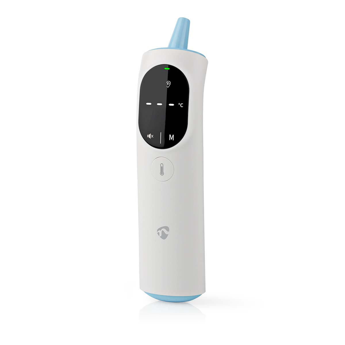 Un termometro auricolare bianco e blu con display digitale e pulsanti.