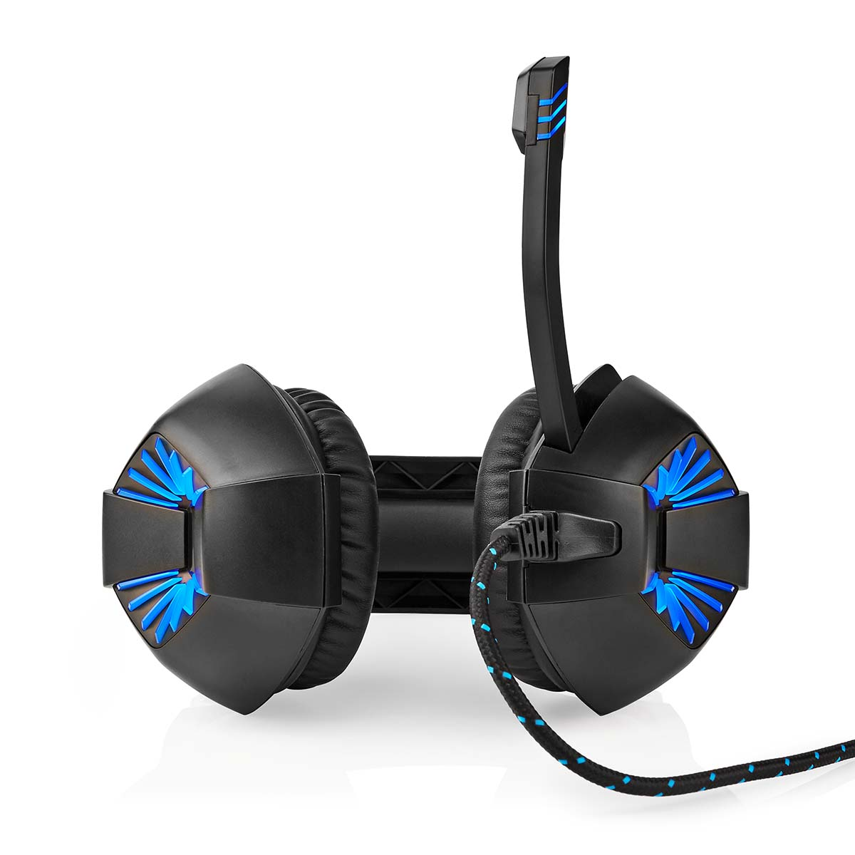 Cuffie da gioco nere con luci blu. Un microfono si estende dalla coppa sinistra.