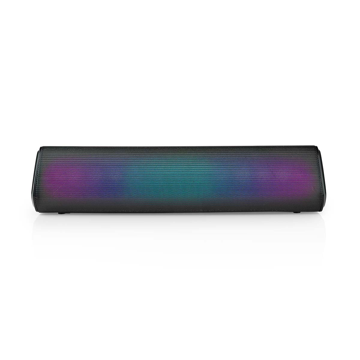 Soundbar rettangolare nera con display luminoso a LED multicolore su sfondo bianco.