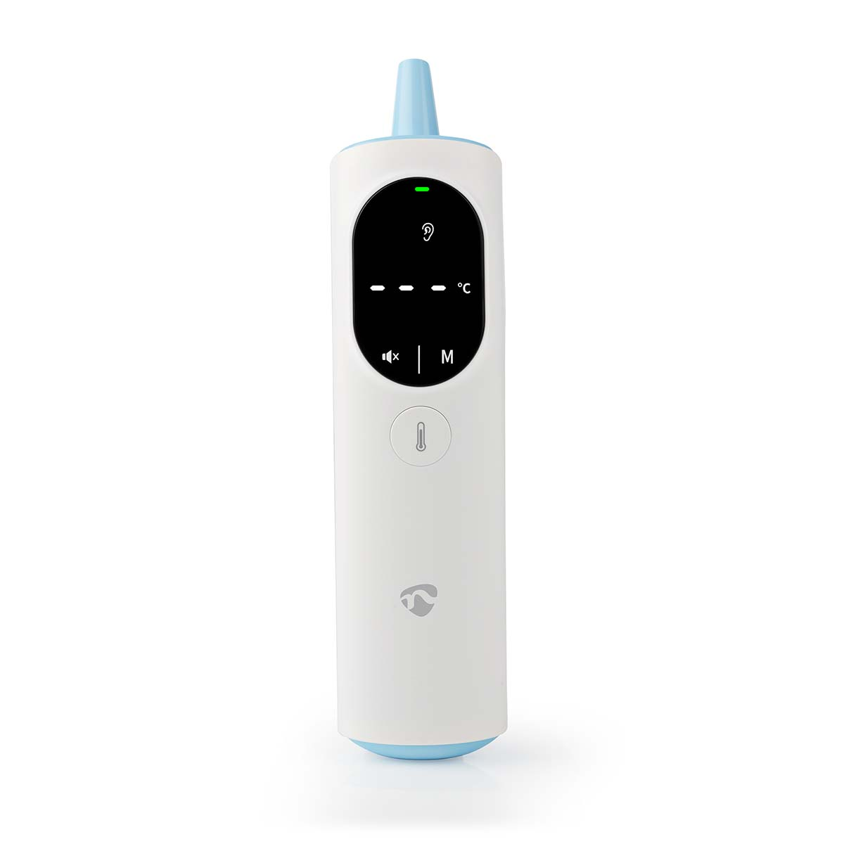 Un termometro auricolare bianco e blu con display digitale. Ha un pulsante e una punta auricolare.