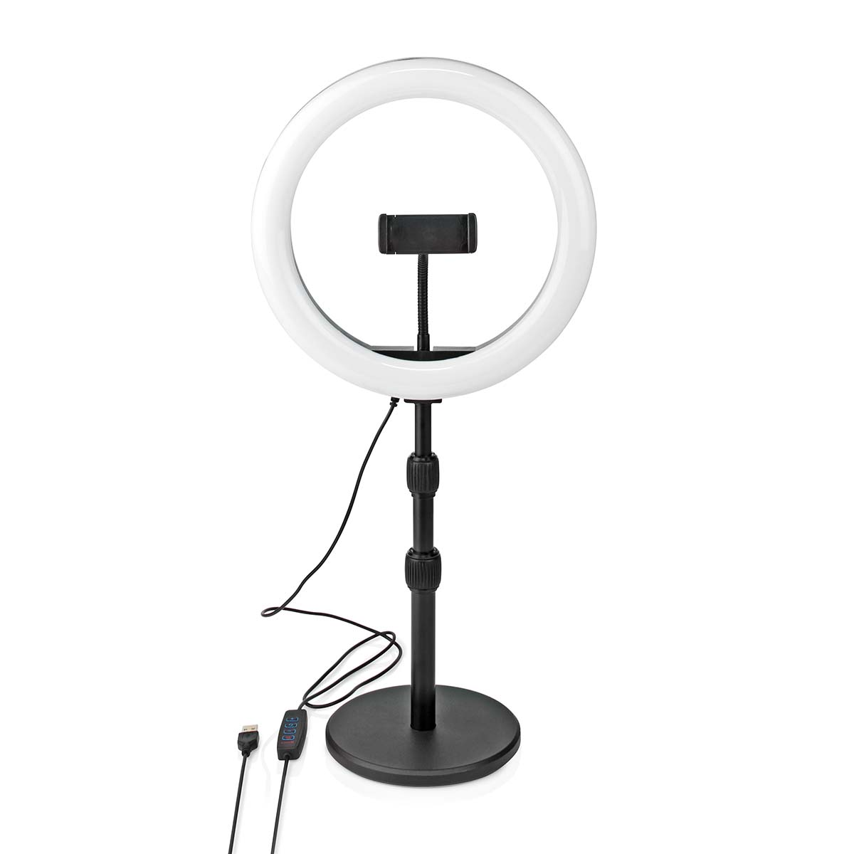 Anneau lumineux sur pied. Comprend un support de téléphone, des commandes et une base noire. Fond blanc.