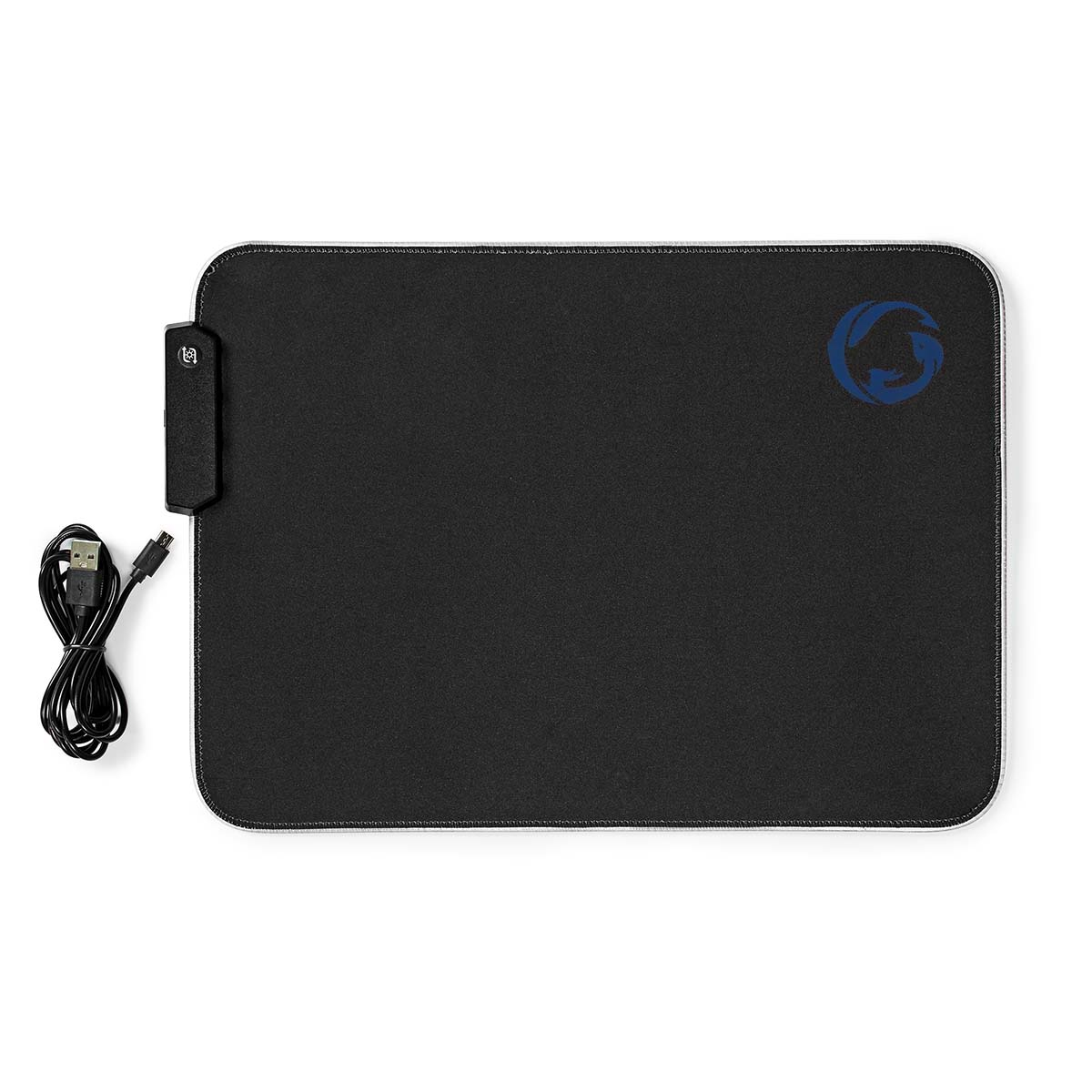 Czarna podkładka pod mysz z kablem USB i logo. Podkładka ma białą obwódkę.