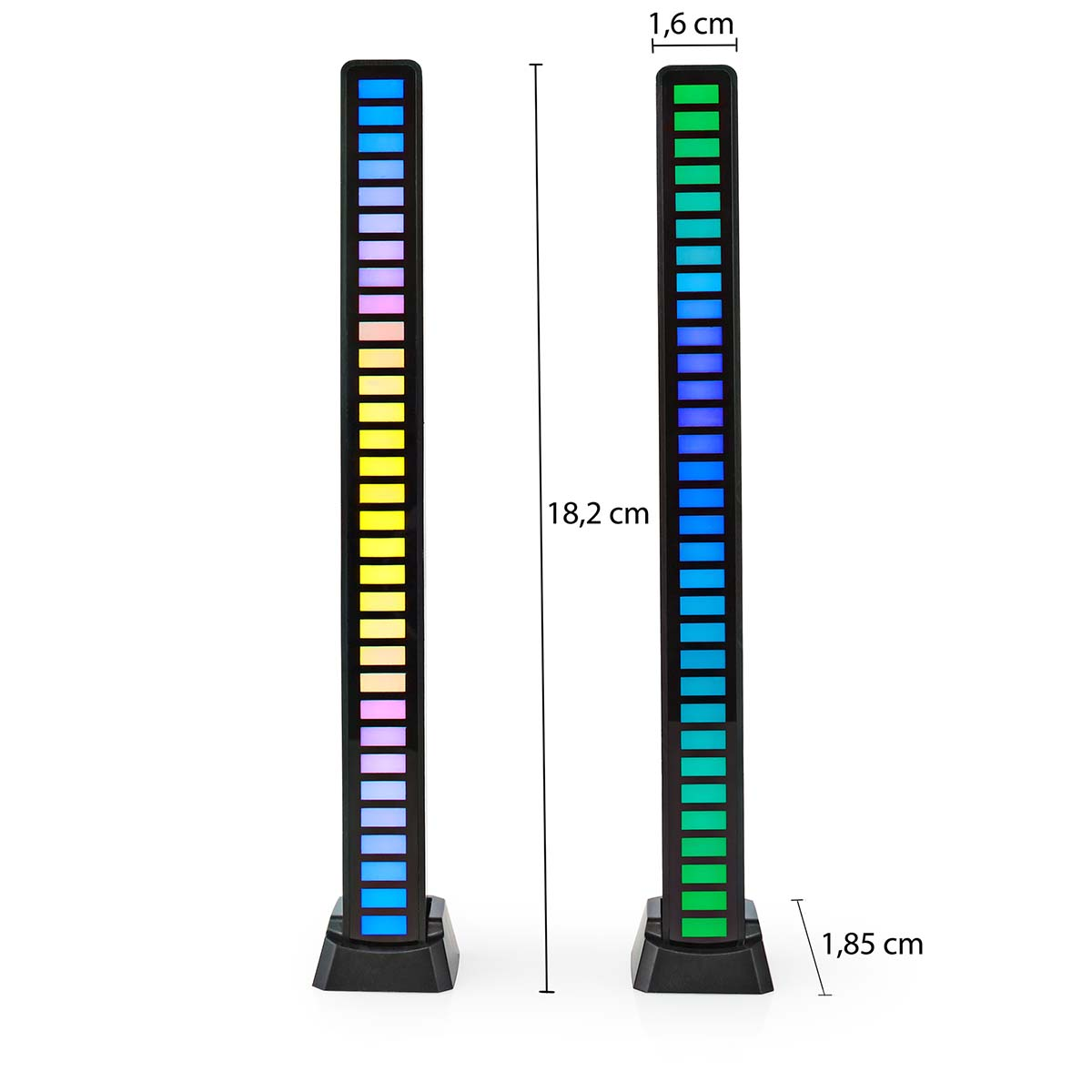 Two vertical LED light sticks with color gradients, with dimensions marked. Black bases.