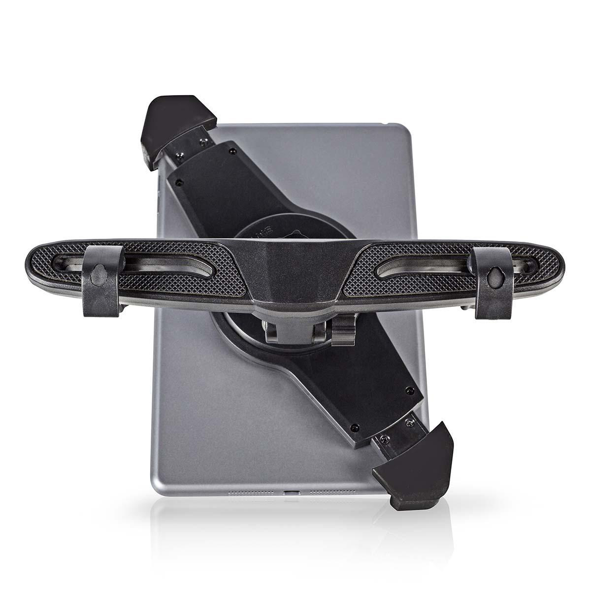 Schwarzer Tablethalter mit befestigtem Tablet. Weißer Hintergrund.