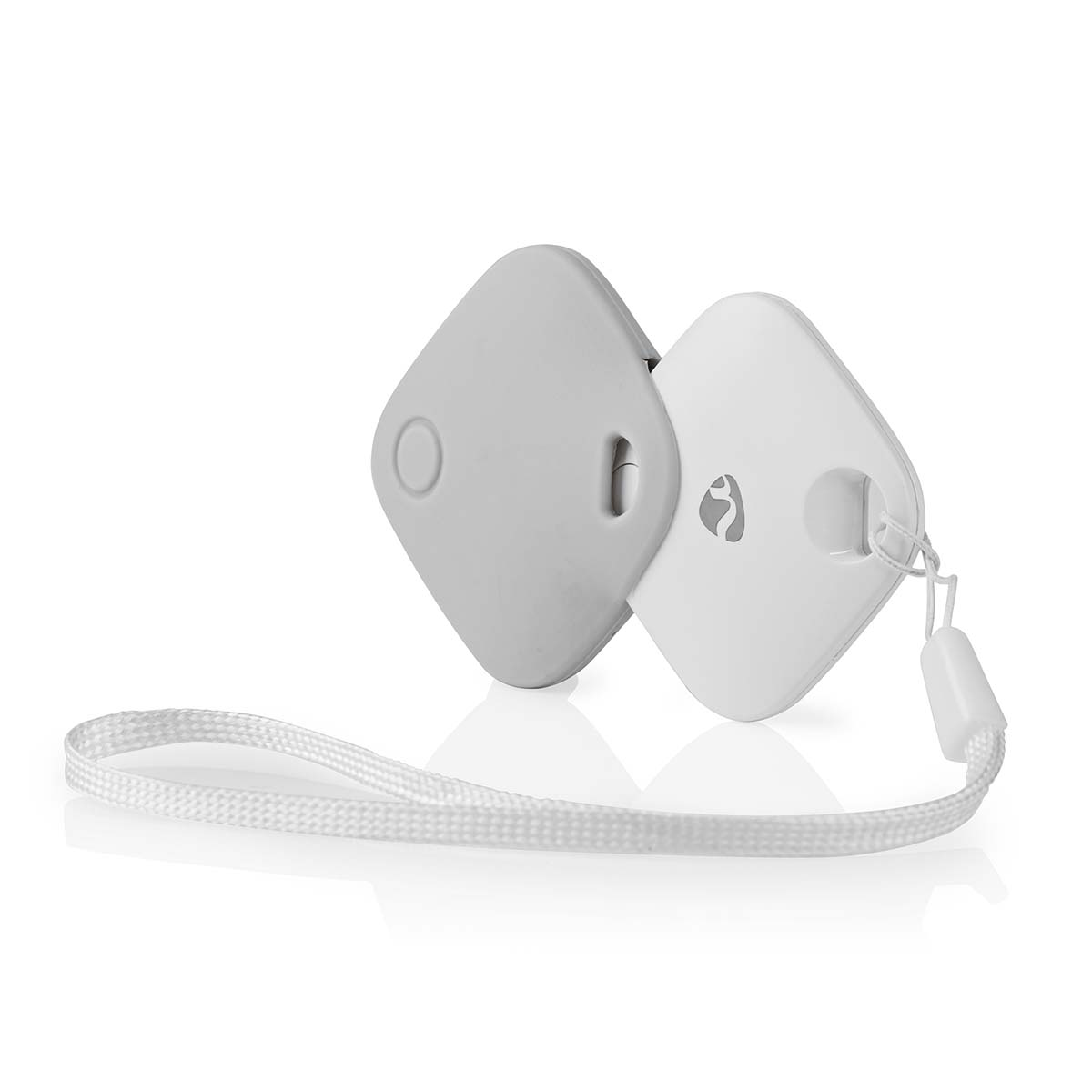 Dwa szare kwadratowe trackery z białym paskiem. Jeden ma przycisk.