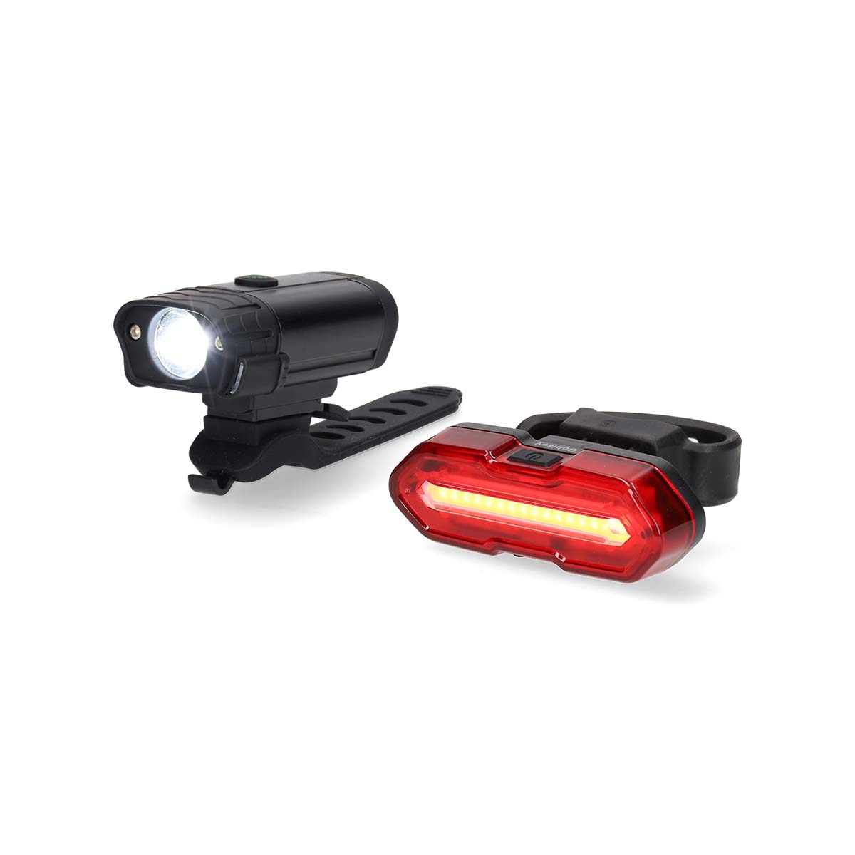 Schwarze und rote Fahrradlichter. Eines ist ein Scheinwerfer, das andere ein Rücklicht.