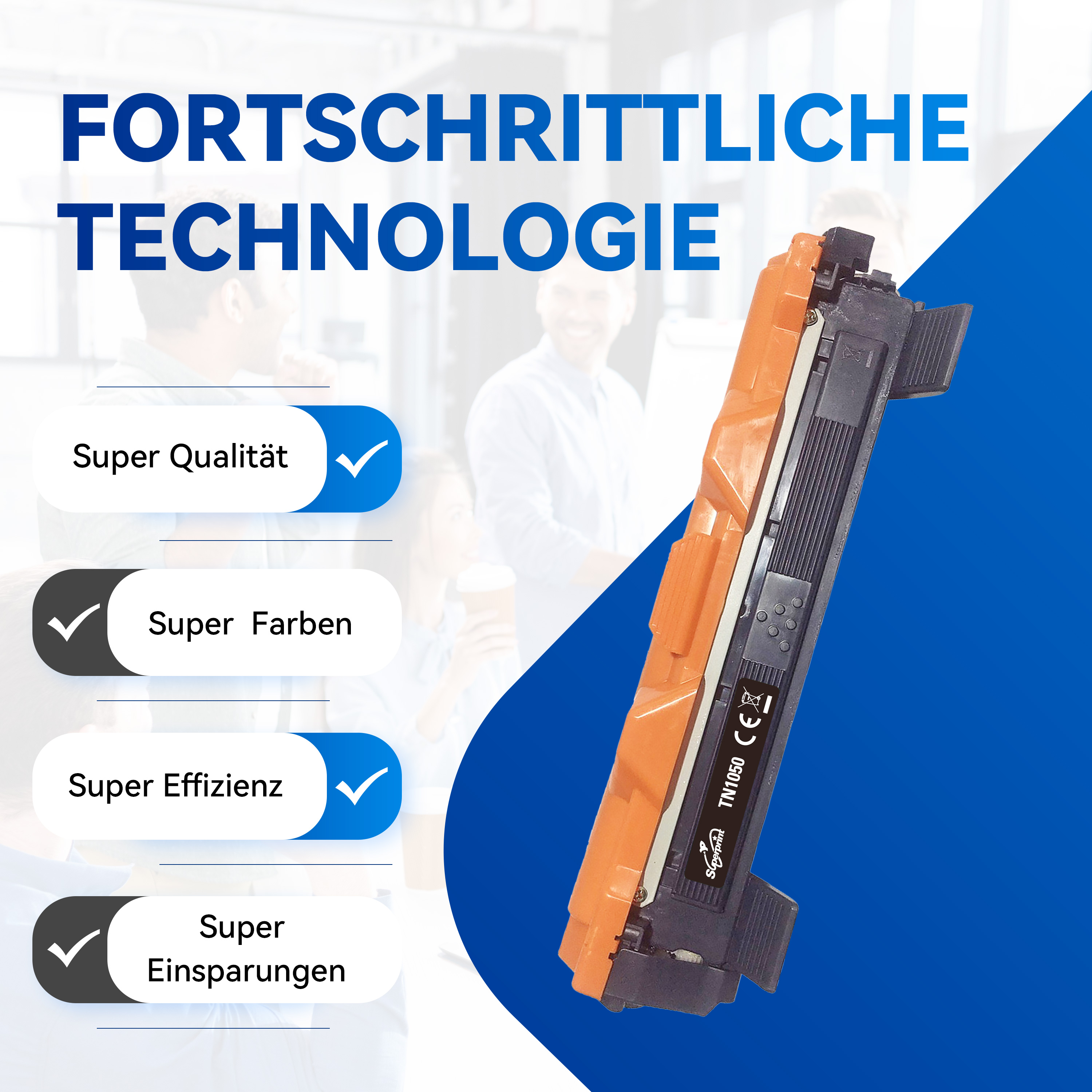 Eine orangefarbene Tonerkartusche mit Häkchen und Text über Technologie.