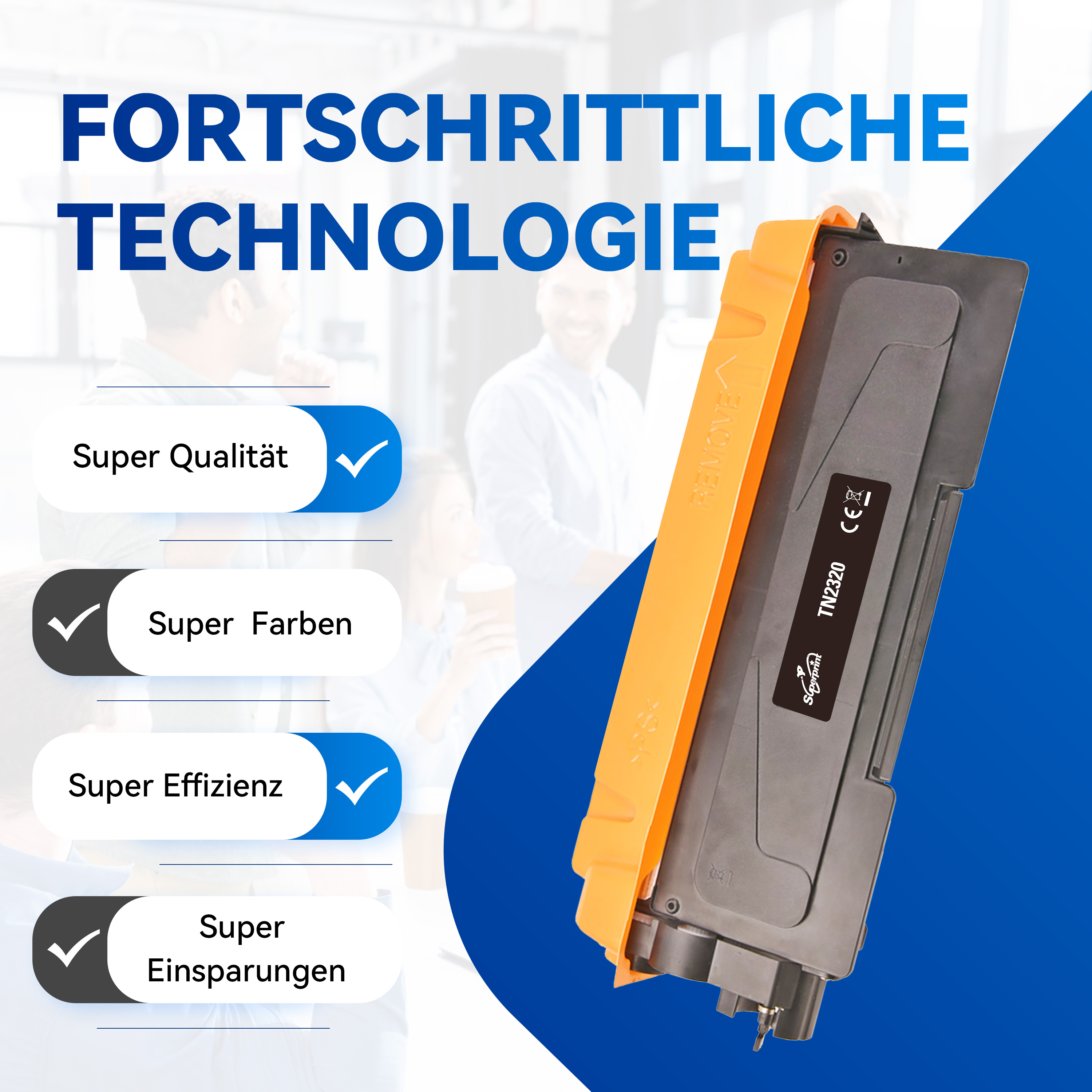 Une cartouche de toner orange avec texte et coches, entourée d'infographies et d'un fond bleu.