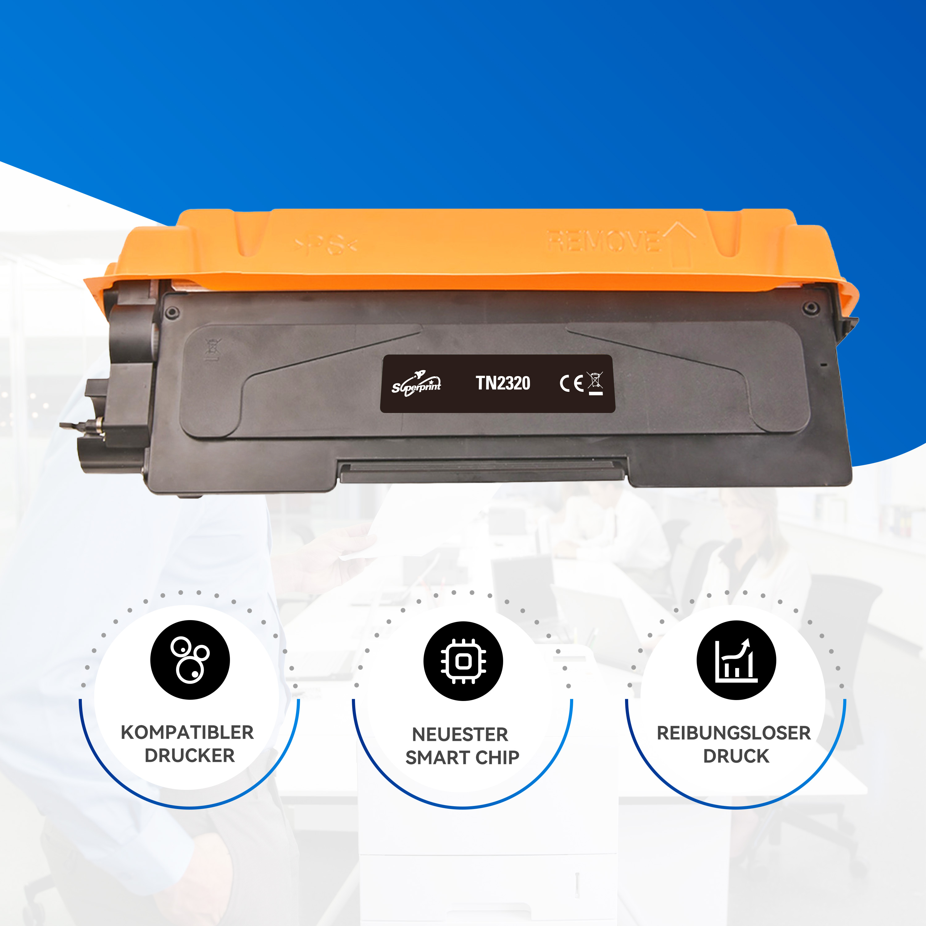 Une cartouche de toner noire et orange, avec des icônes indiquant une imprimante compatible, une puce intelligente et une impression fluide.